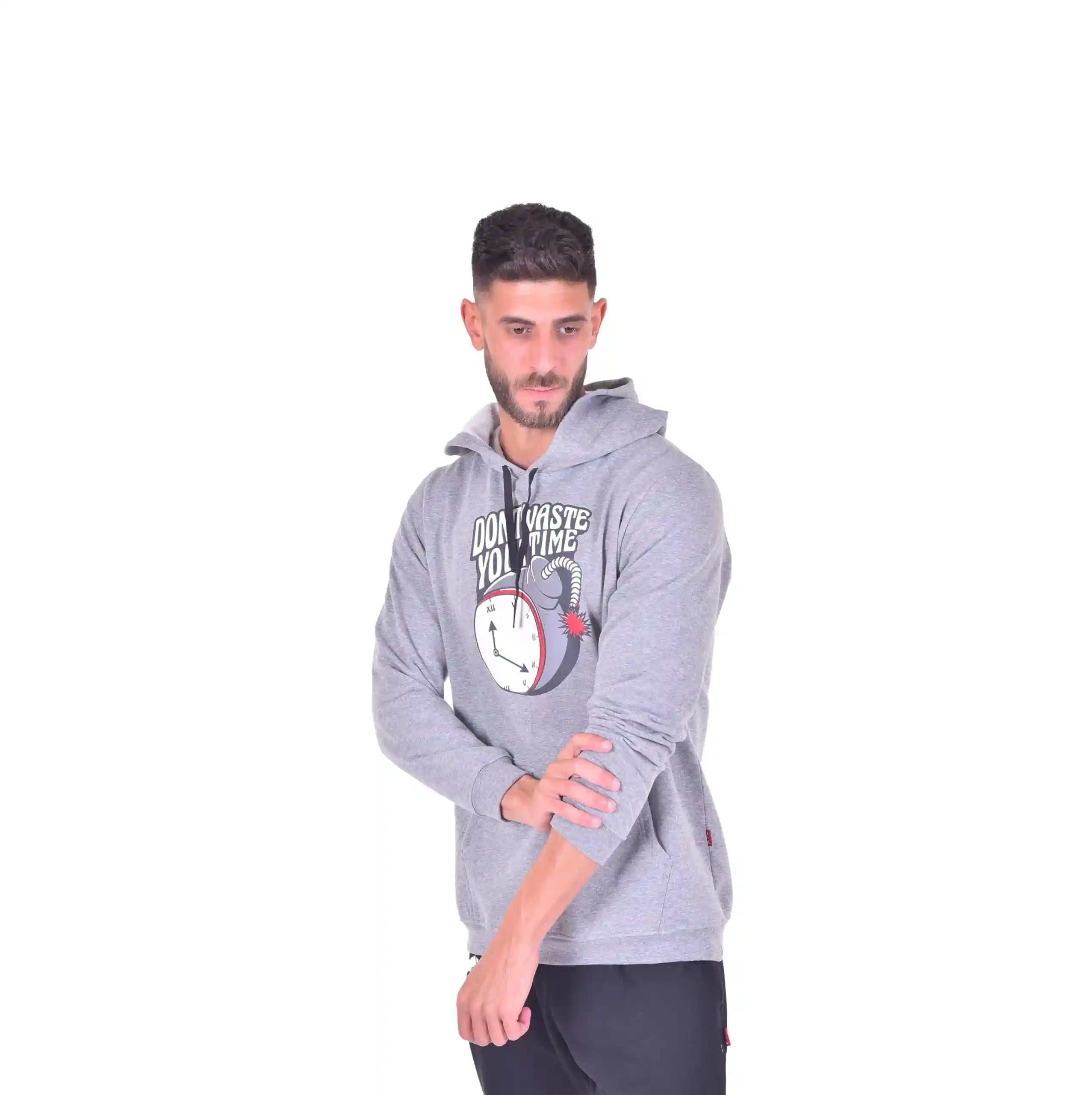 JIL Men sweatshirt cotton melton brushed grey melange printed, 3 - Safqqa Egypt