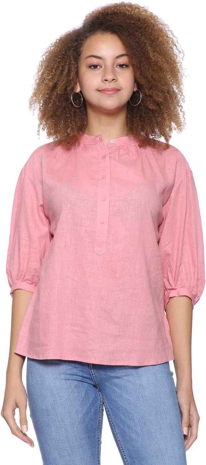 Splash Basic Mandarin Collar Front Button Three Quarter Sleeves Blouses for Women - Safqqa Egypt