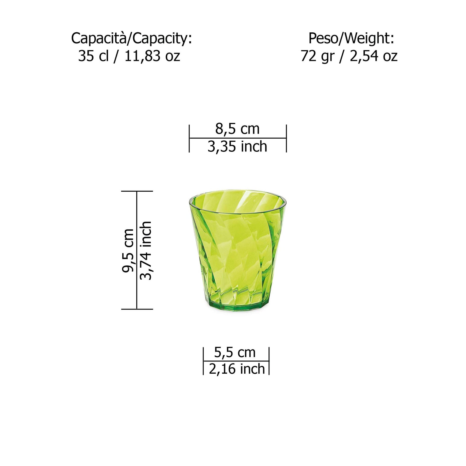 Omada Design 4 Transparent Acrylic Drink Glasses 11,83 fl oz Coloured, Diamond Line, Green