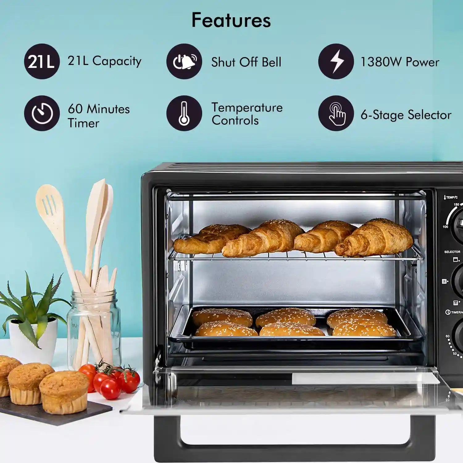 Geepas GO4464 25L Electric Oven With Rotisserie- 1600W power, 6 Stages Heating Selector-There is a hit at the top of the device.