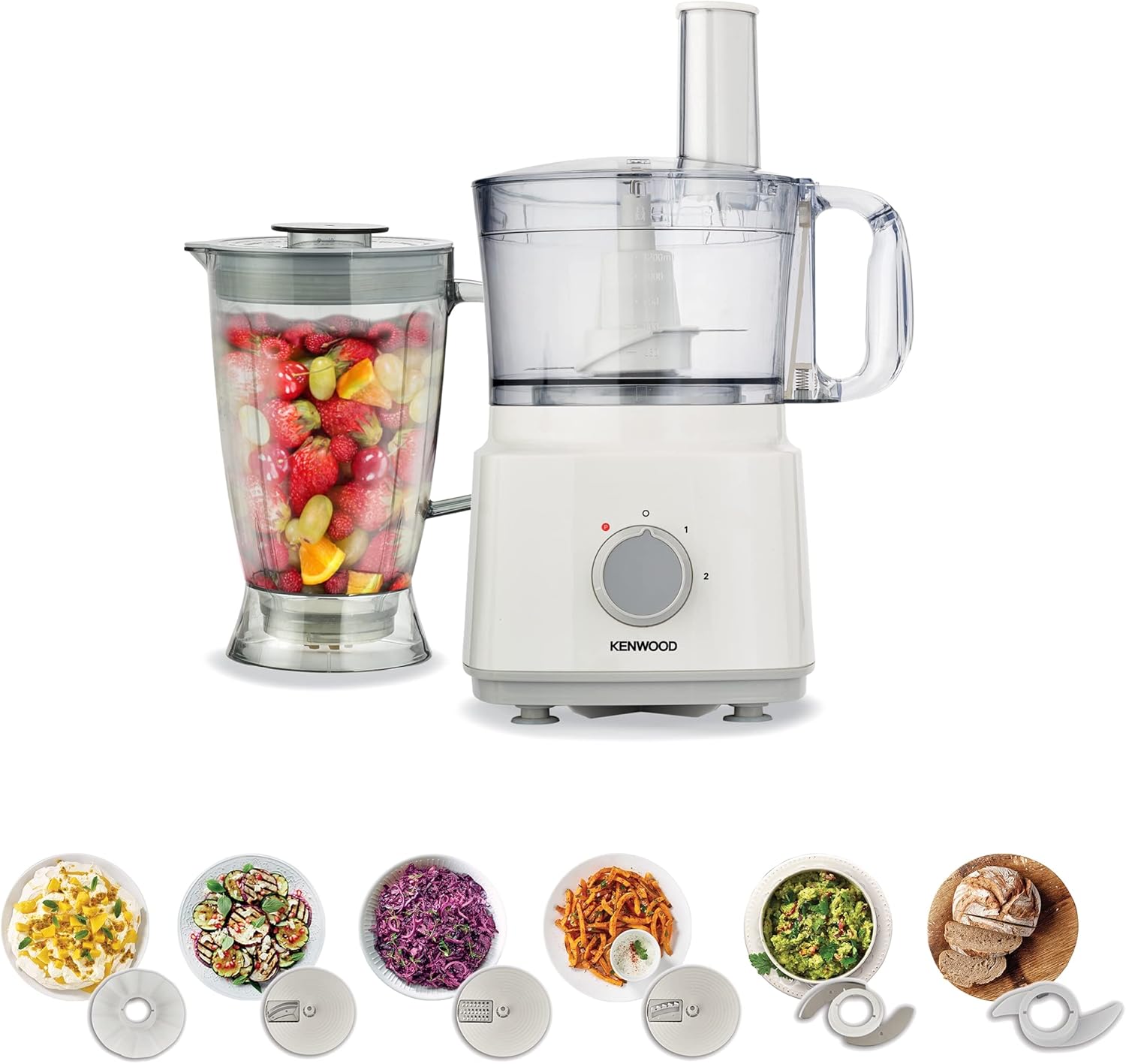 Kenwood Food Processor 750W Multi-Functional with 3 Interchangeable Disks, Blender, Whisk, Dough Maker FDP03 White