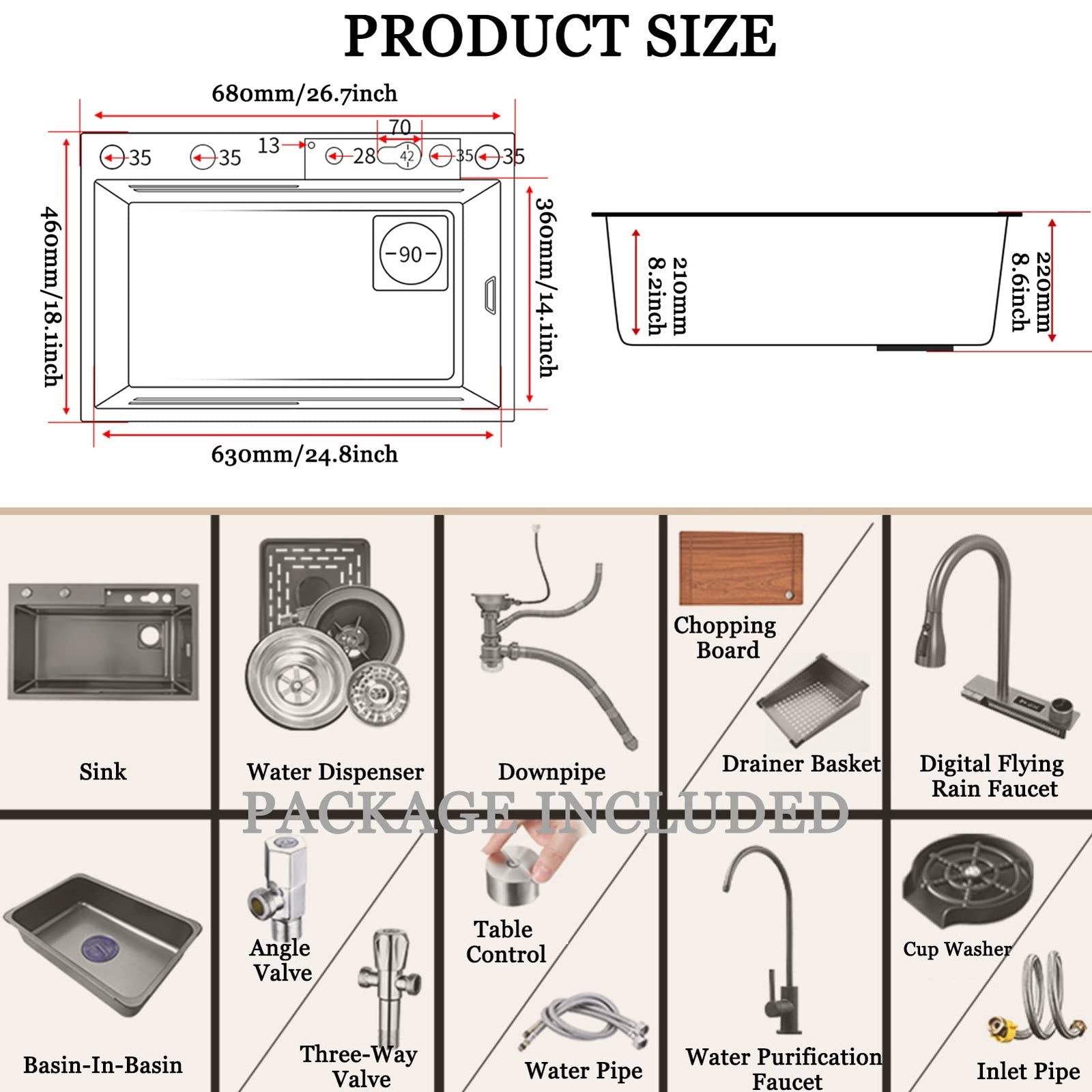 حوض مطبخ Intelligence Waterfall – وعاء واحد، من الفولاذ المقاوم للصدأ 304، محطة عمل