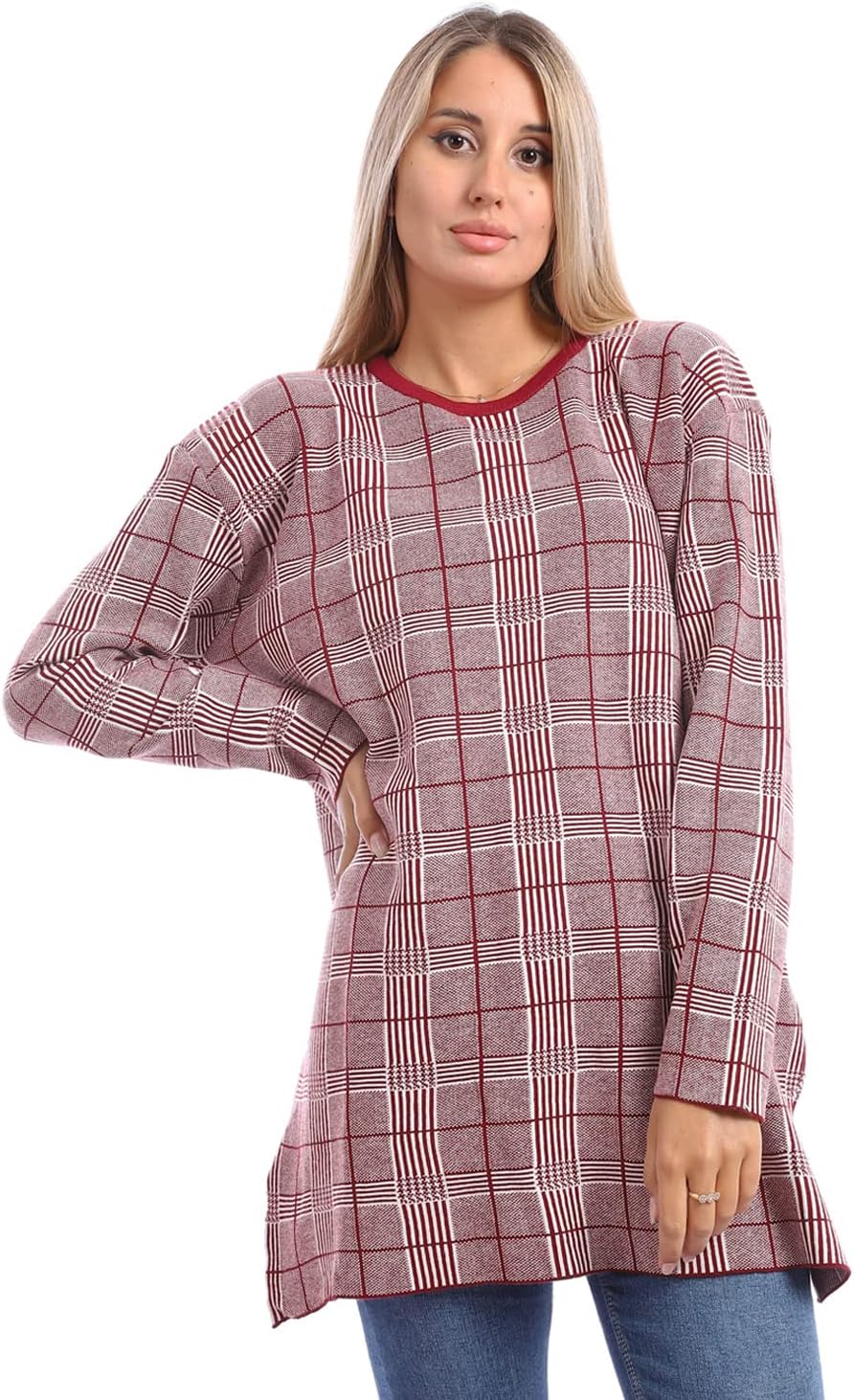 Andora Oversized Plaid Pullover - Round Neck, Burgundy, One Size