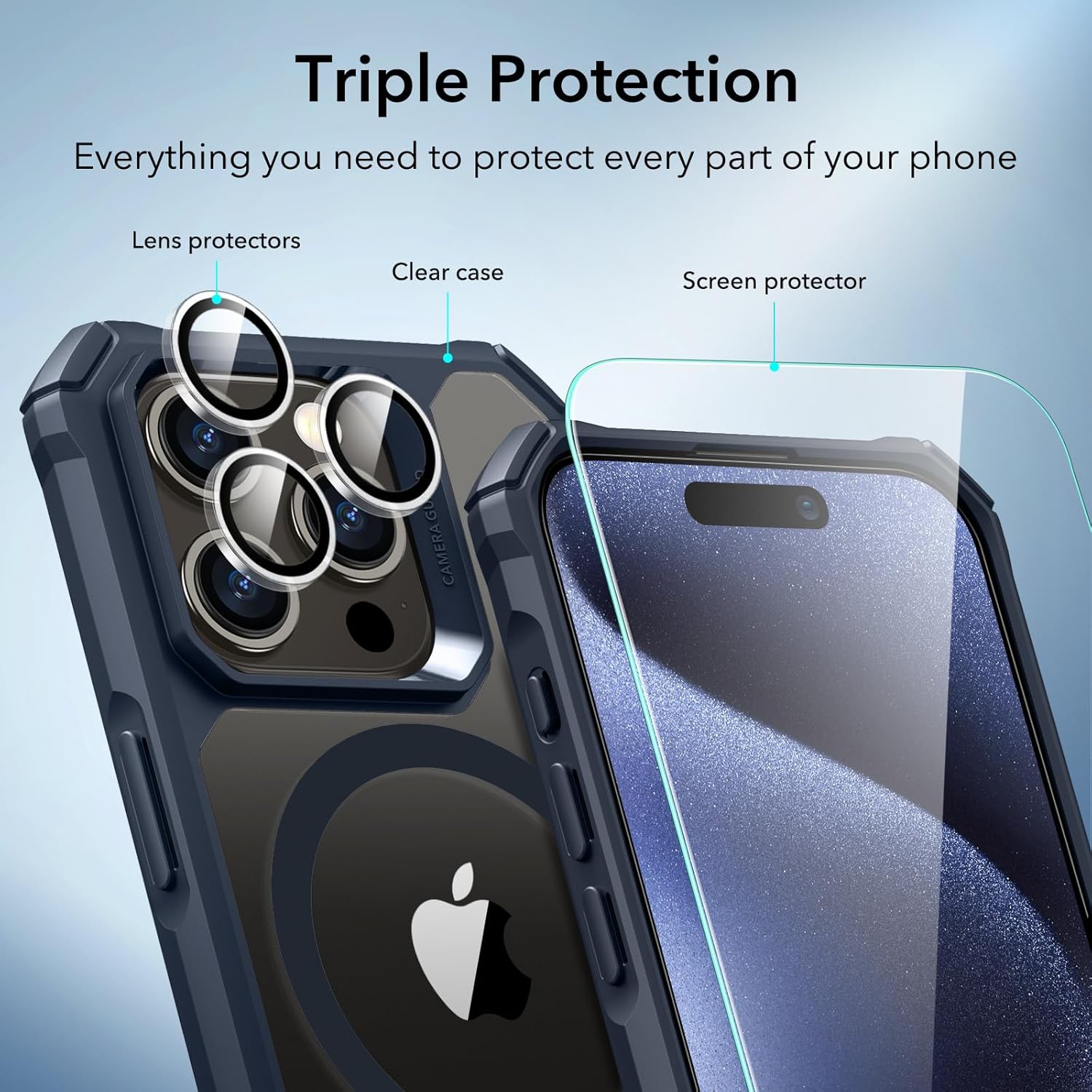 حافظة لموبايل آيفون 15 برو ماكس من إي اس آر، متوافق مع ماج سيف، مجموعة مع 2 واقي شاشة وواقيات عدسة واحدة