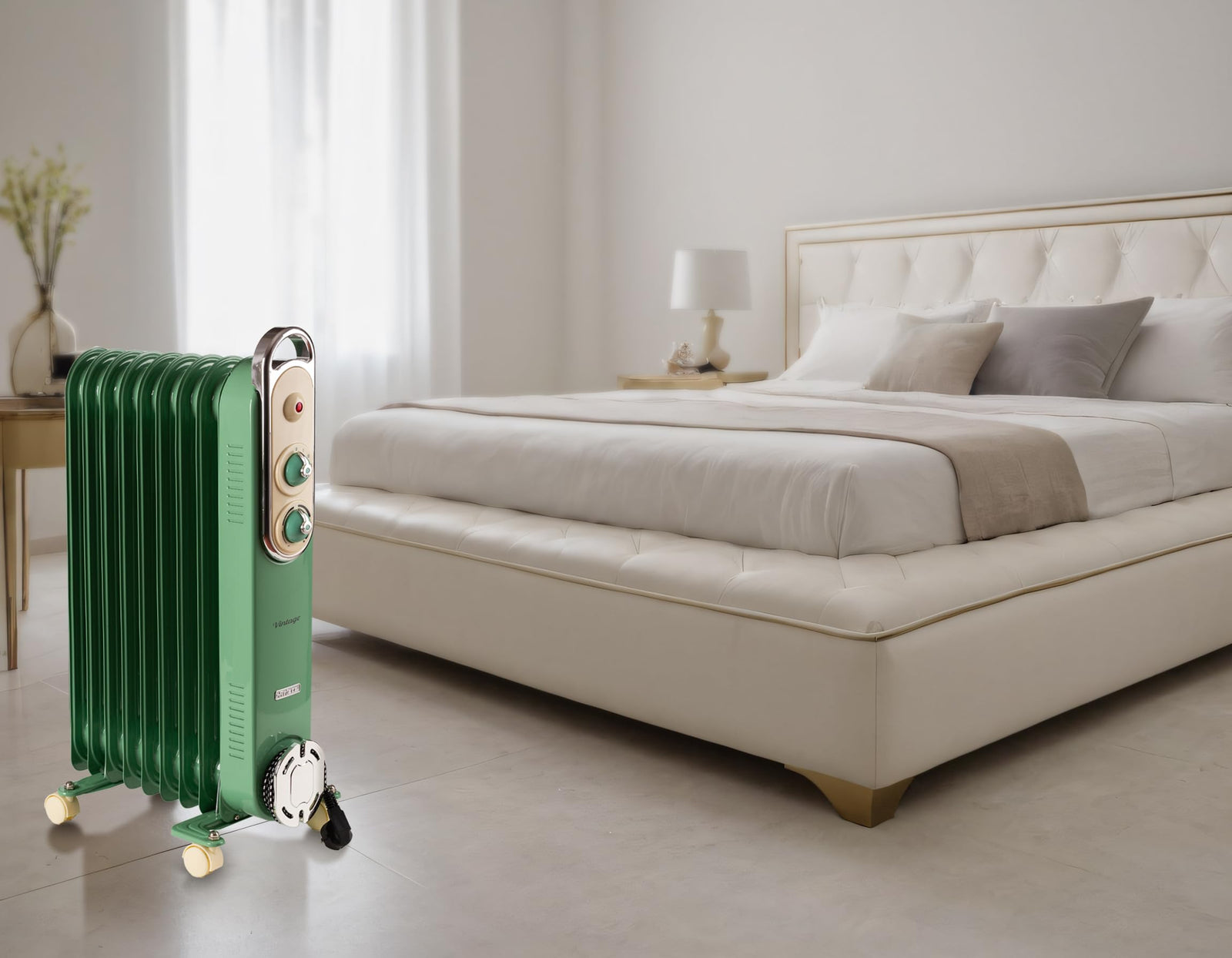 Ariete Vintage Oil Radiator, 9 Heating Elements, 2000W, 3 Power Levels, Handle and Wheels for Easy Transport, Green (By De'longhi Group)