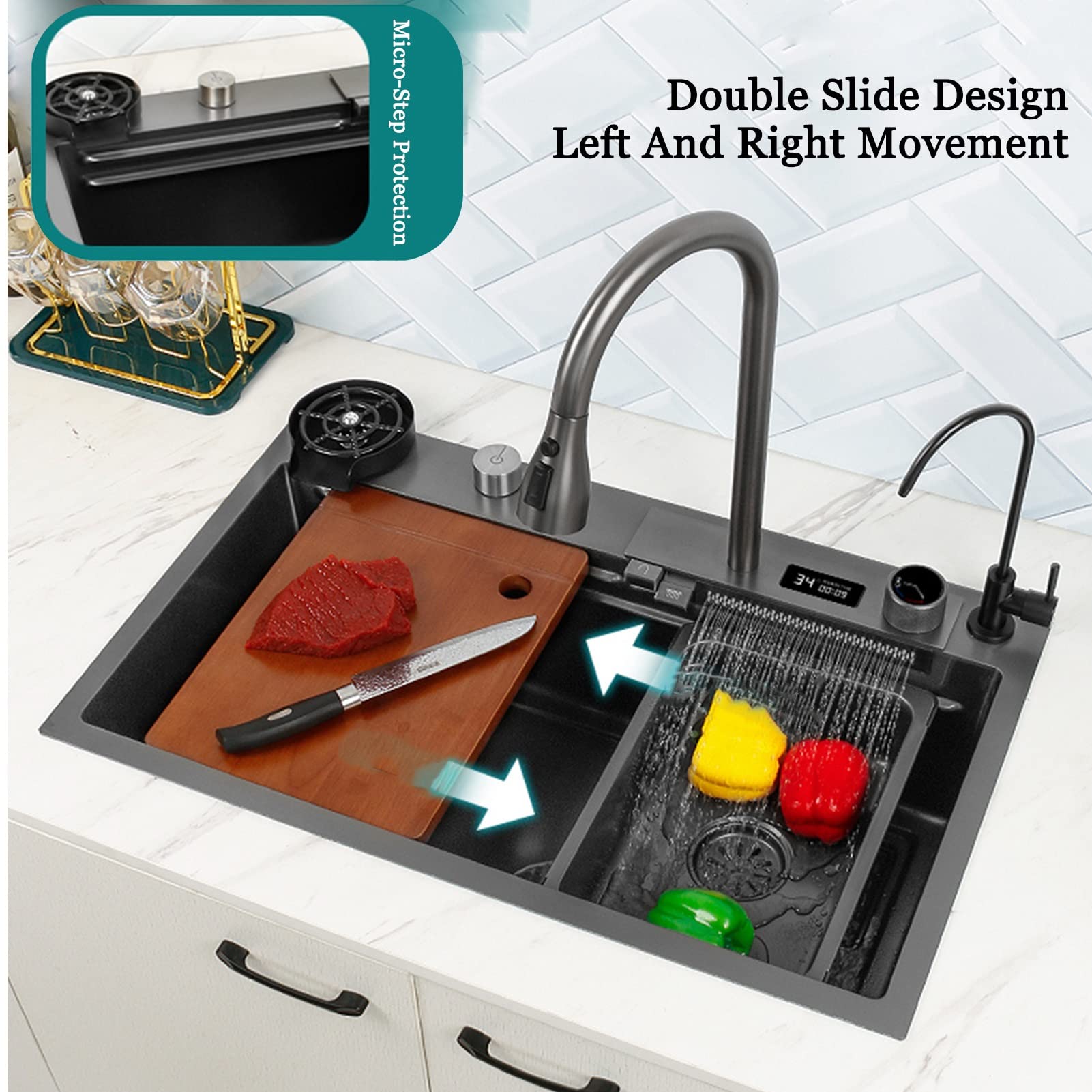 حوض مطبخ Intelligence Waterfall – وعاء واحد، من الفولاذ المقاوم للصدأ 304، محطة عمل