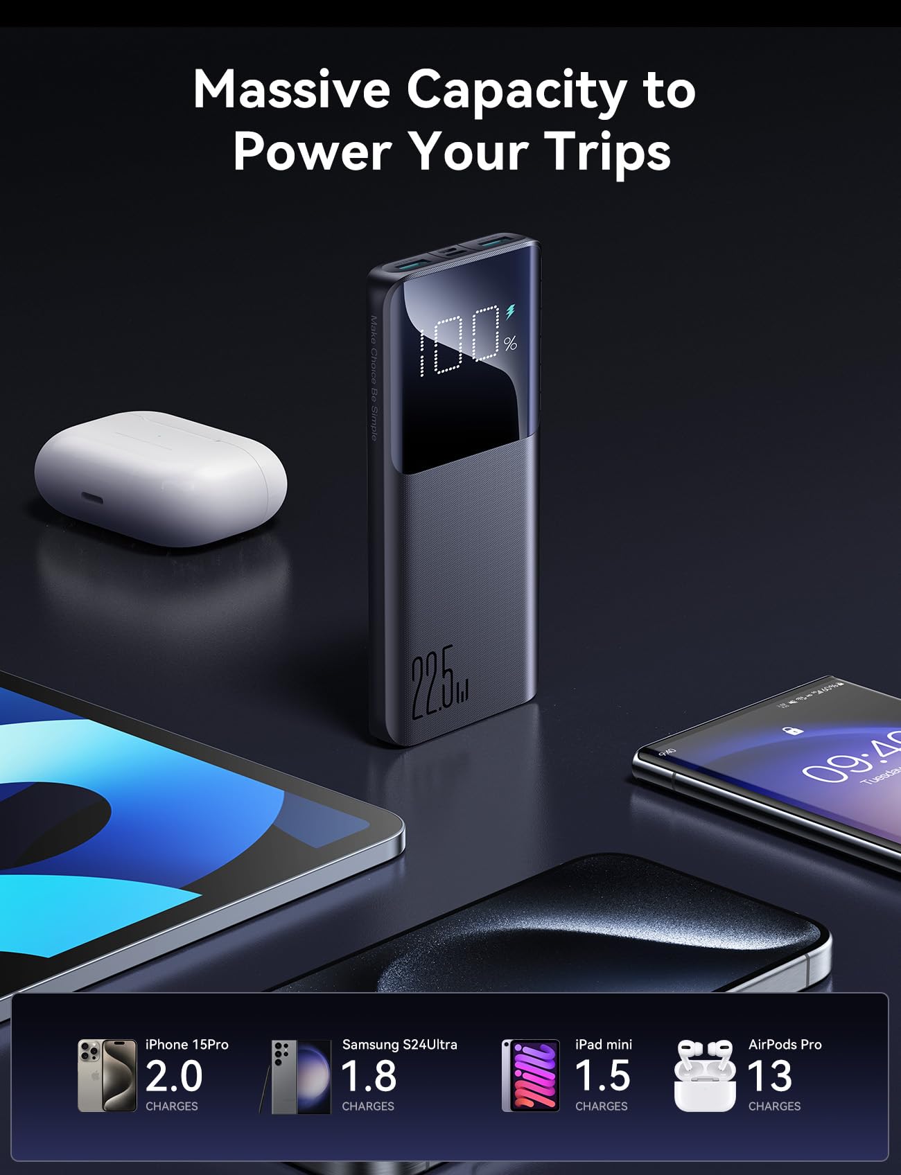 Joyroom JR-QP191 22.5W Power Bank 10000mAh With Large Digital Display Supports PD3.0,QC3.0 - Black