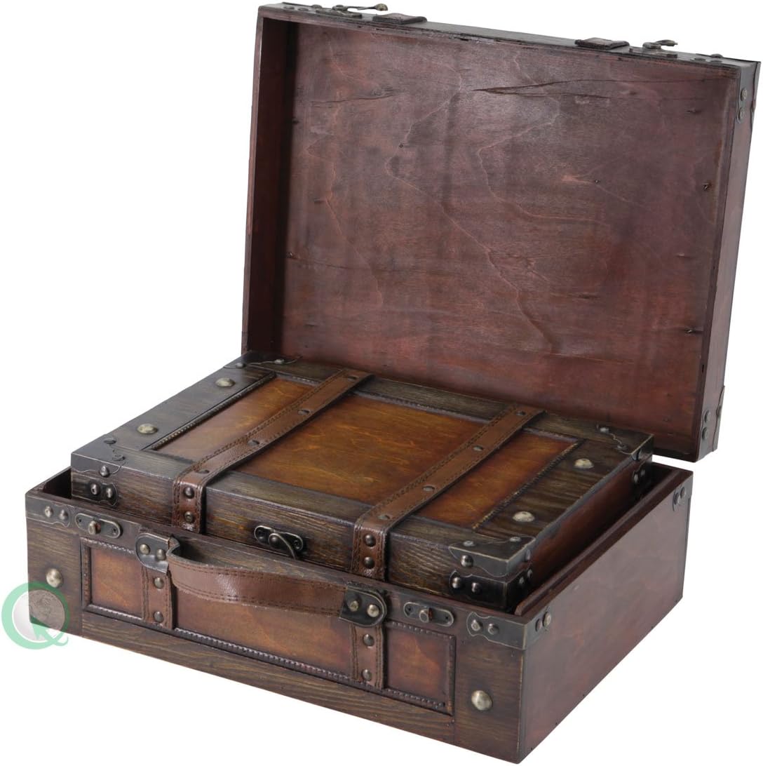 Vintiquewise Old Style Suitcase/Decorative Box with Straps, Wood, Antique Brown, Set of 2 Stackable design for decorative appeal and easy storage.