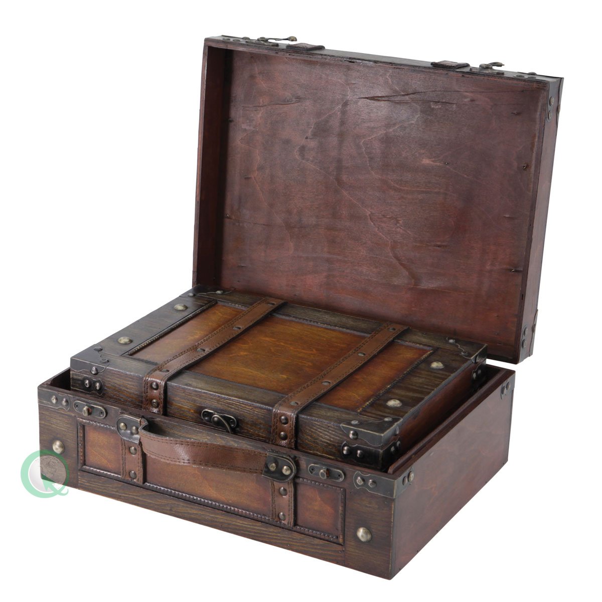 Vintiquewise Old Style Suitcase/Decorative Box with Straps, Wood, Antique Brown, Set of 2 Stackable design for decorative appeal and easy storage.