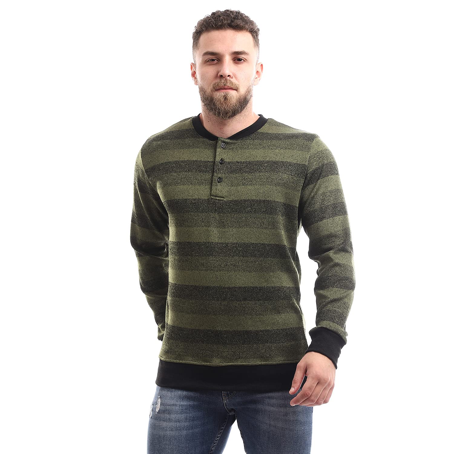 Off Cliff Striped Long Sleeve SweatShirt With Decorative Buttons,Versatile for casual outings, city strolls, or weekend relaxation..