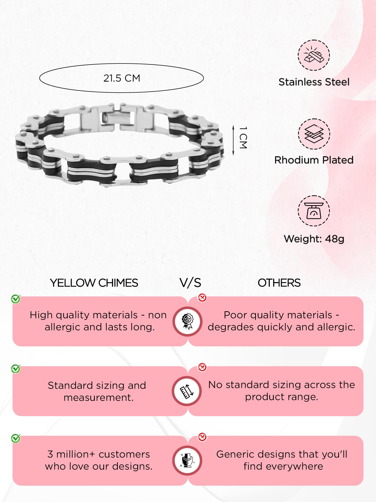 YELLOW CHIMES Bicycle Chain Style Mark Highly Durable Silver-Black Bracelet for Men and Boys