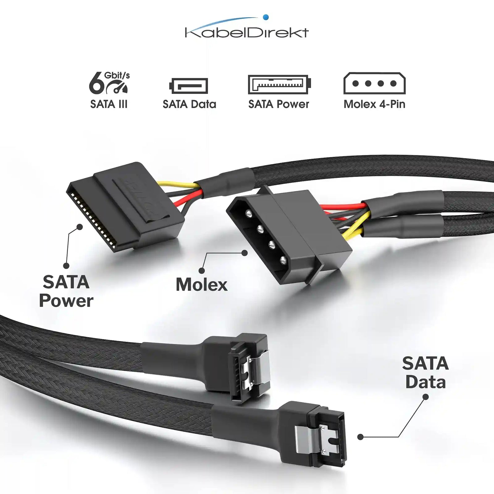 طقم كابلات KabelDirekt للطاقة والبيانات – من Molex إلى SATA + كابل بيانات 7-pin، 0.6م و60سم