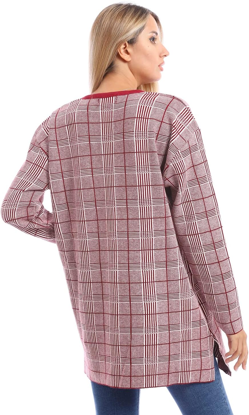 Andora Oversized Plaid Pullover - Round Neck, Burgundy, One Size