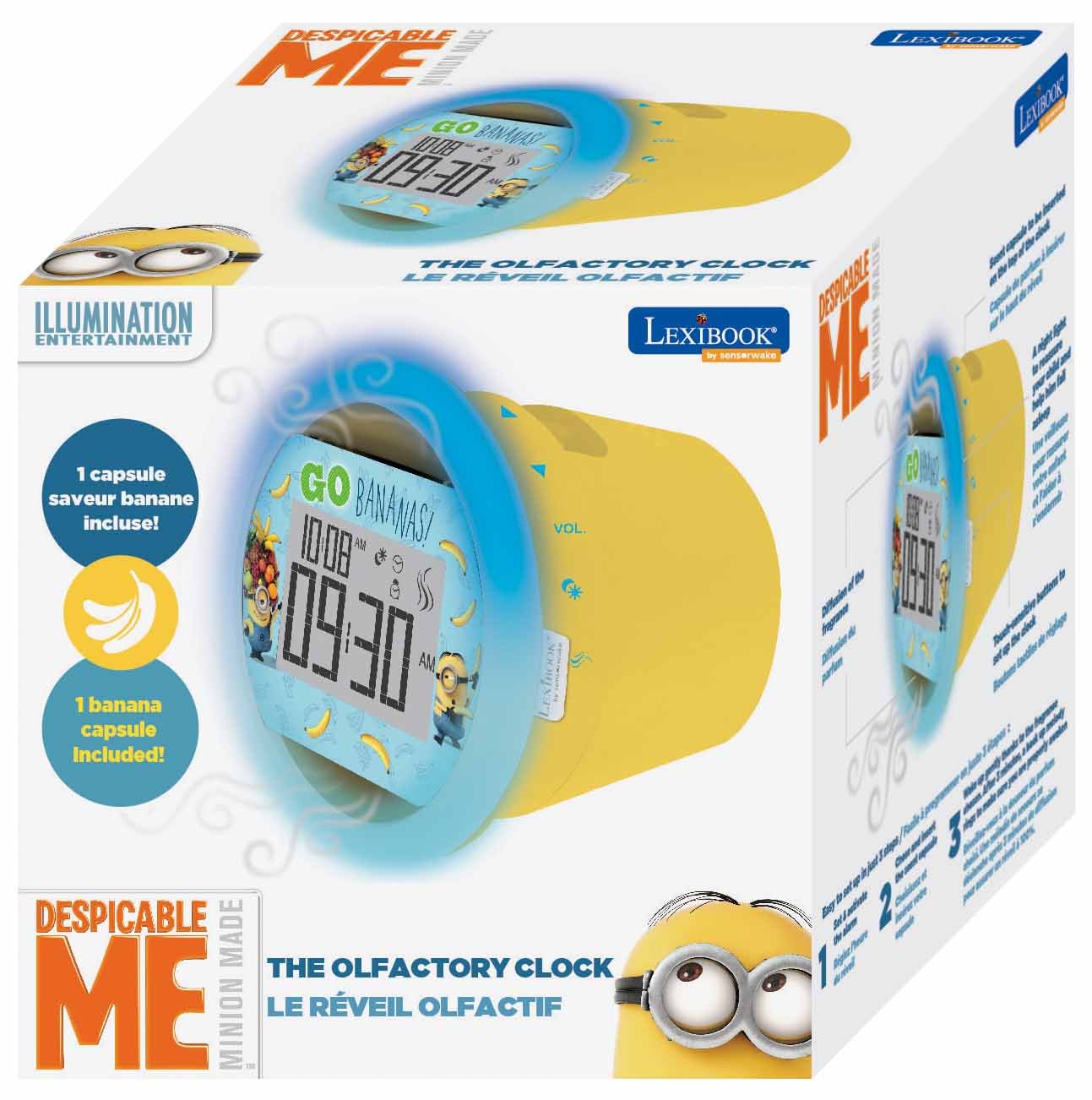 Lexibook by Sensorwake Universal Despicable Me Minions The Olfactory alarm clock, relaxing light, FM radio, battery operated or USB cable, yellow/blue, CS100DES