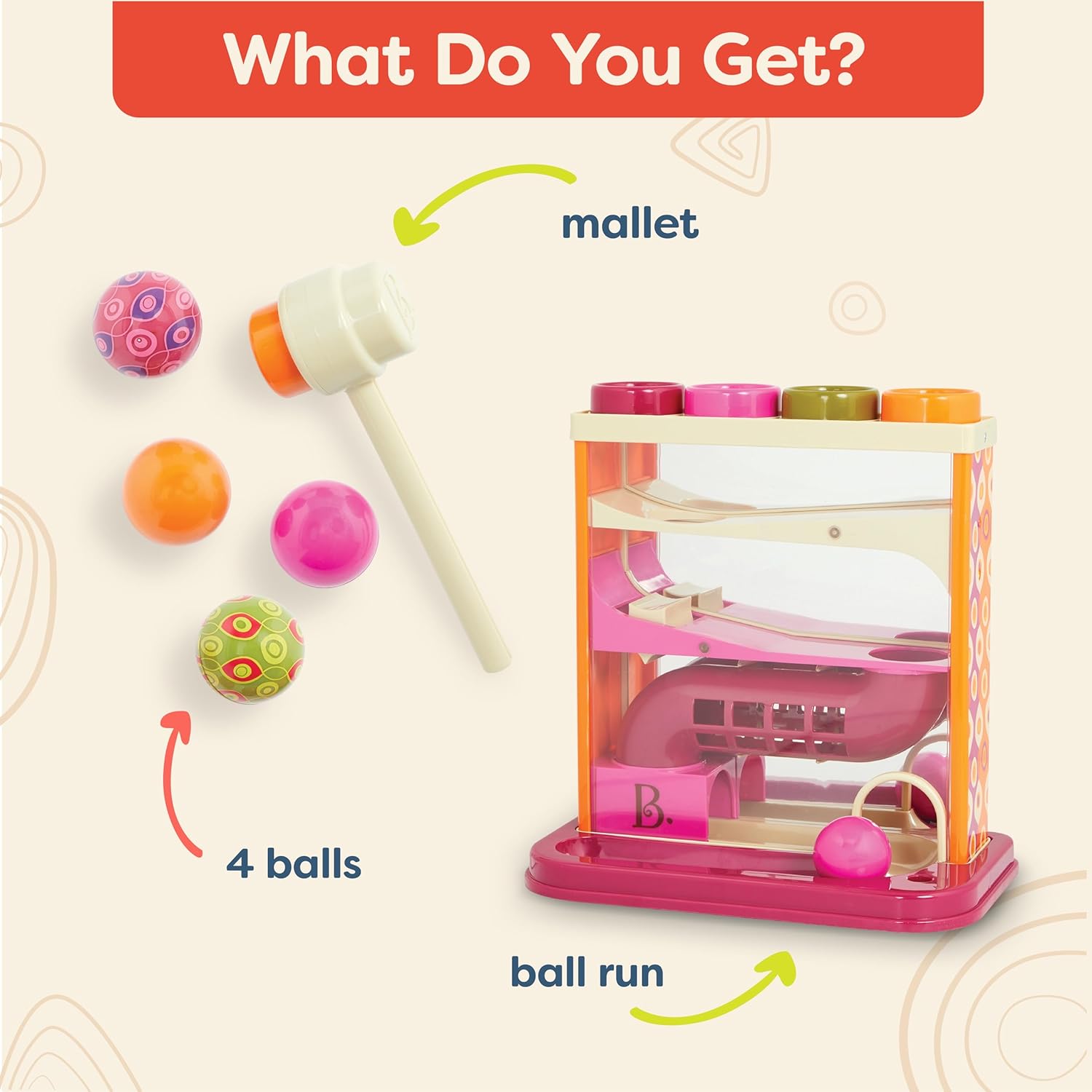 B. Toys Whacky Ball Hammering Bench Toy, 1 Hammer & 4 Balls, Multicoloured Educational Toy for Children 12 Months+