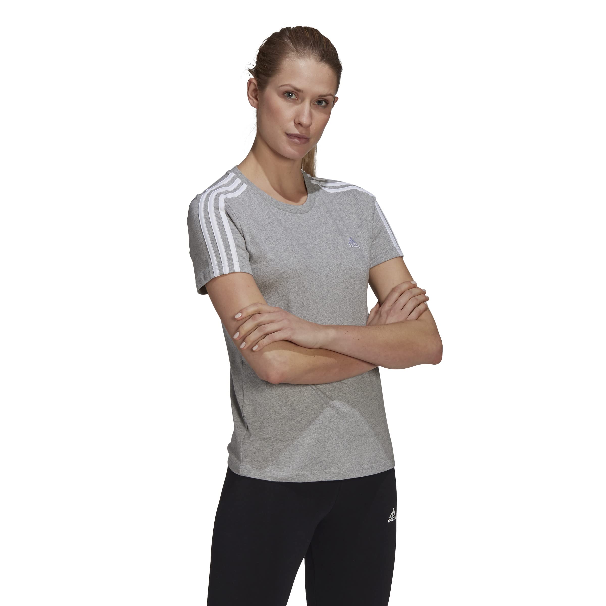 Adidas Women's 3-Stripes T-Shirt (Short Sleeve) - Medium Grey Heather, Model GL0785