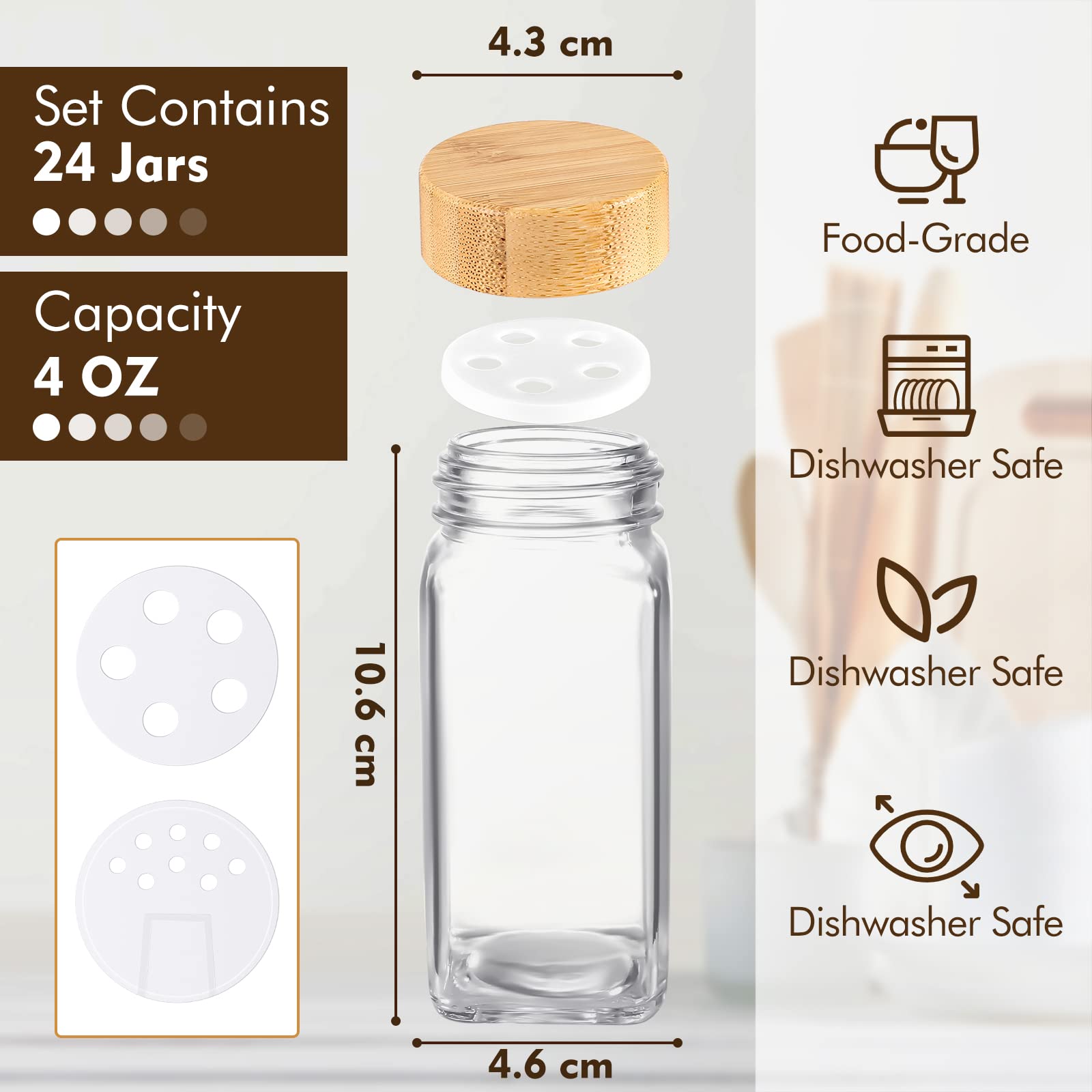 24 Pcs Glass Spice Jars Set with Bamboo Airtight Lids – 4oz Square Seasoning Containers with Labels, Shaker Lids, Funnel, Brush & Marker