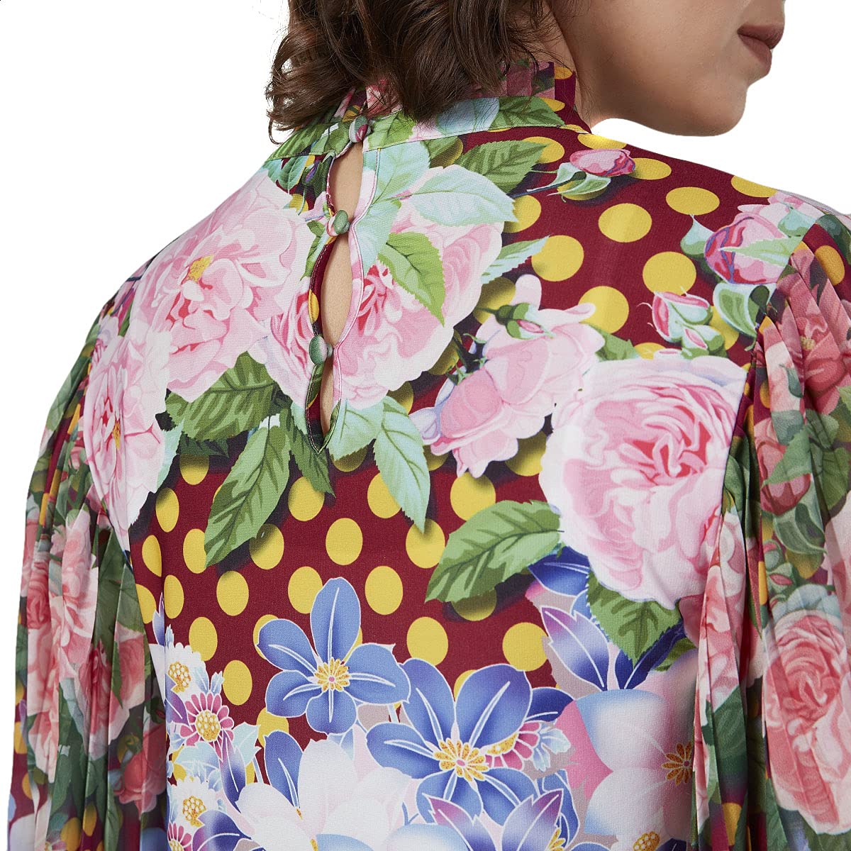 Splash Smart Floral Pattern Key Hole Back Long Sleeves Crew Neck Blouse For Women,Elegant floral pattern with a stylish keyhole back design.