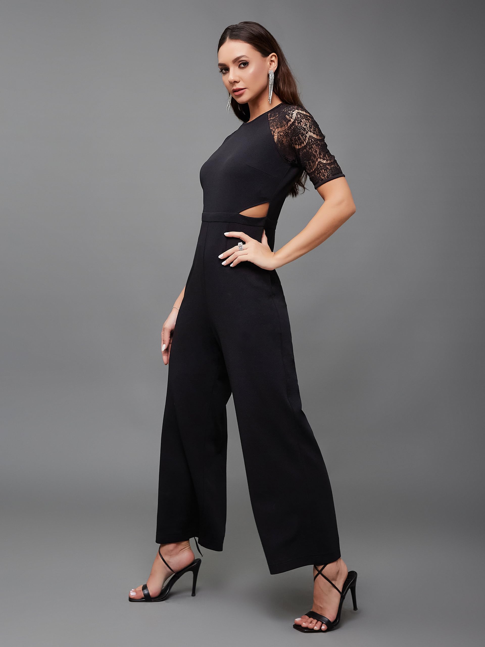 Miss Olive Women's Wine V-Neck Sleeveless Solid Wrap Regular Jumpsuit