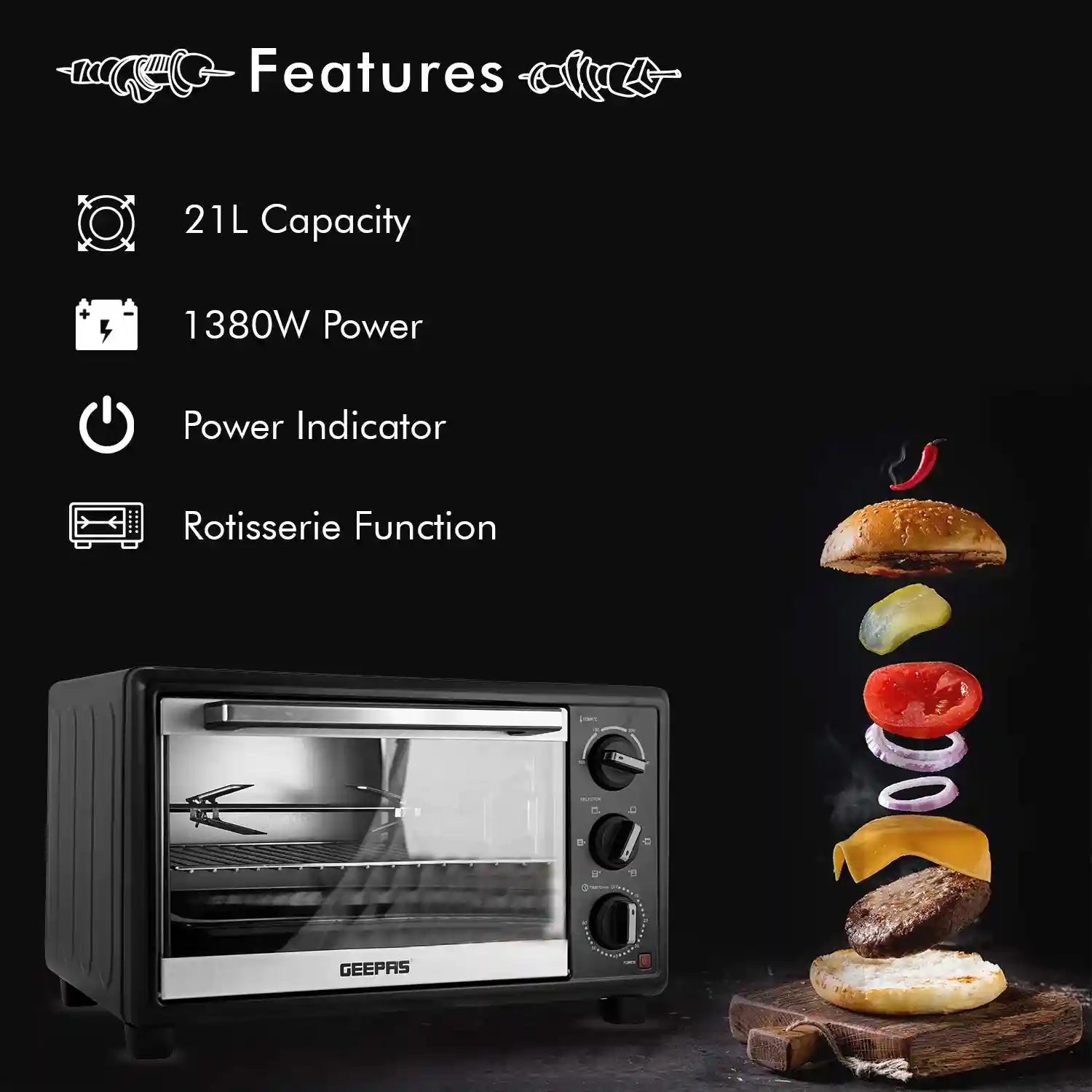 Geepas GO4464 25L Electric Oven With Rotisserie- 1600W power, 6 Stages Heating Selector-There is a hit at the top of the device. – Safqqa Egypt