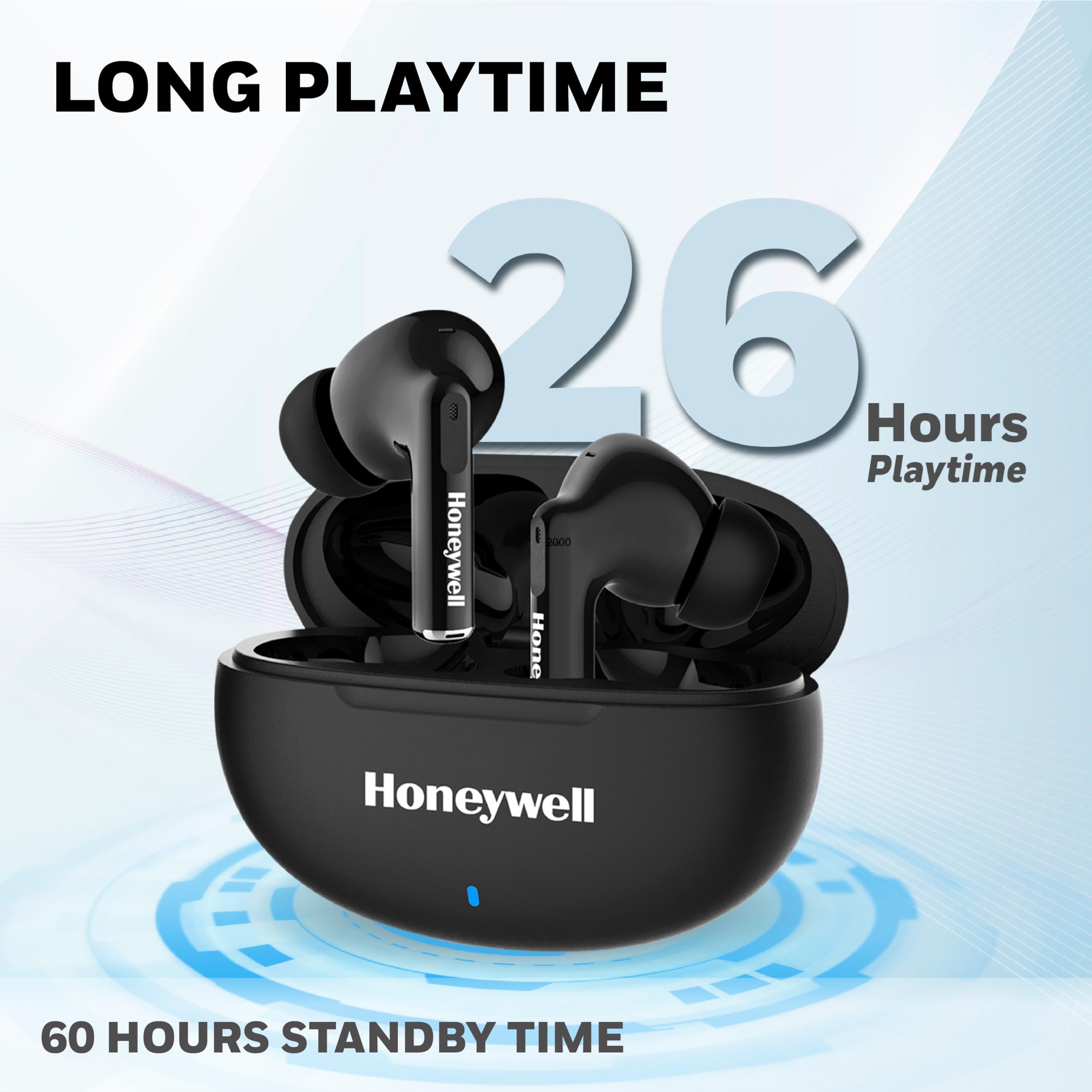 Honeywell Moxie V1200 True Wireless Bluetooth Earbuds – 26H Playtime, Type-C Fast Charging, IPX4 Water Resistant, Bluetooth 5.3, Touch Control, Voice Assistant – Black