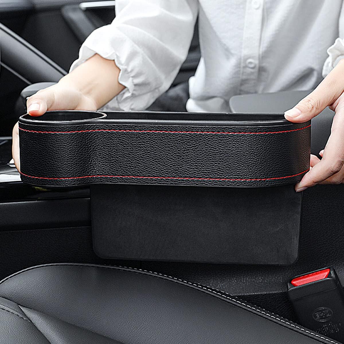 Car seat gap filler organizer between front seat car organizer and storage box, auto premium pu leather console with cup holder, car pocket for interior essentials (for passenger side)