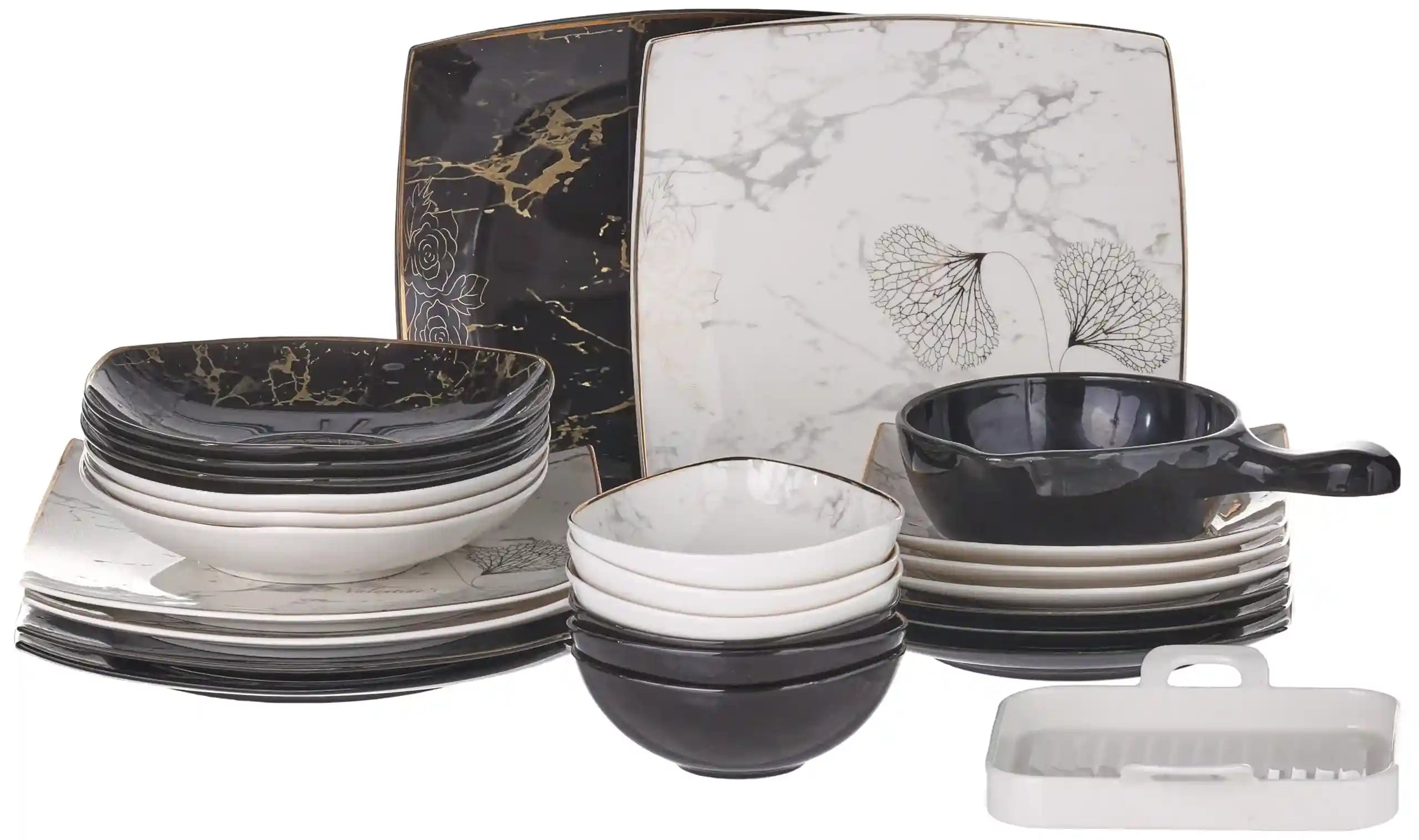 طقم عشاء Lotus مكون من 26 قطعة يوفر مجموعة كاملة وملونة لتقديم الطعام في منزلك. يشمل الطقم 6 أطباق فطائر، 6 أطباق كاتو، 6 أطباق شوربة، 6 أوعية عادية، مقلاة بورسلين دائرية واحدة، وشواية مربعة واحدة. 