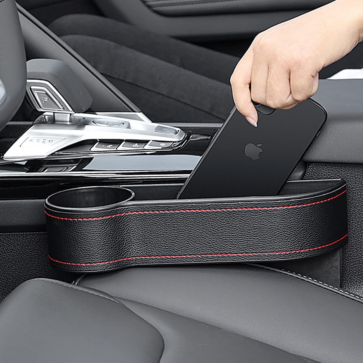 Car seat gap filler organizer between front seat car organizer and storage box, auto premium pu leather console with cup holder, car pocket for interior essentials (for passenger side)