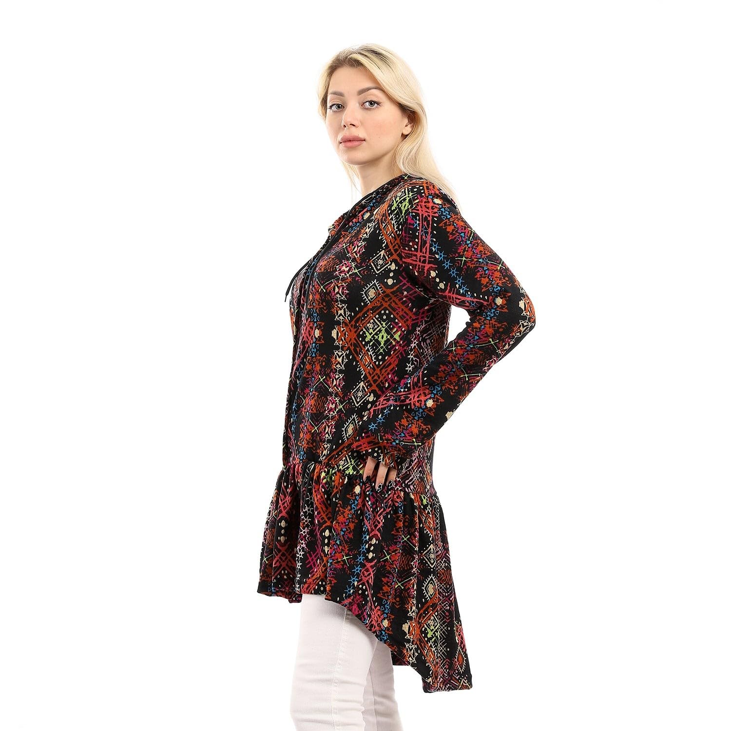 Andora Hi-Low Ruffle Trim Patterned Winter Blouse For Women,Easy-care construction for regular wear.