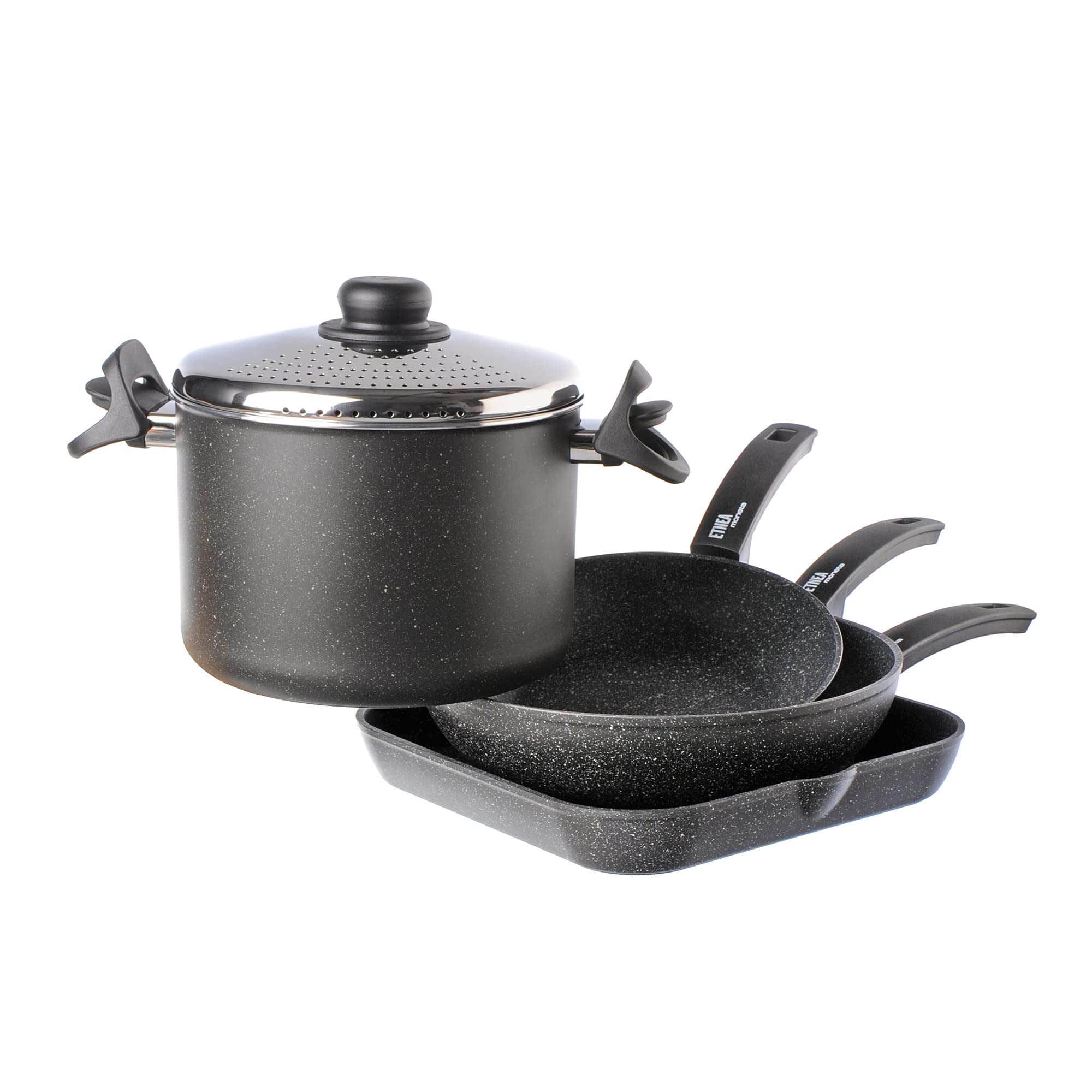 طقم أواني طهي مونيـتا 5 قطع مقلاة 24 سم وووك 28 سم وشواية 28 سم وحلة مكرونة 22 سم بغطاء مصفاة ستانلس ستيل صناعة إيطالية