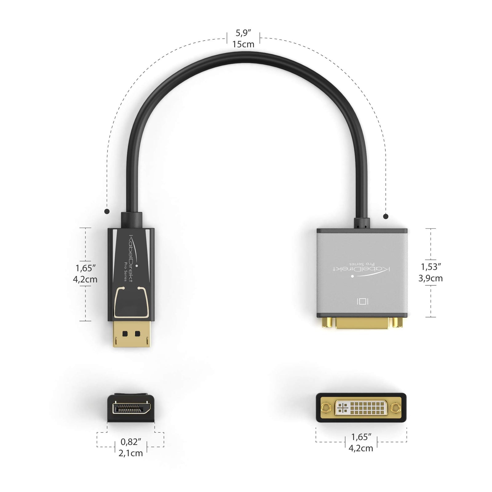 محول KabelDirekt 1117 0.15m DisplayPort DP إلى DVI (أقصى دقة 4K/30 هرتز، مناسب لجميع بطاقات الرسومات ذات مقبس توصيل أجهزة العرض أو مدخلات الشاشات) سلسلة PRO باللون الأسود