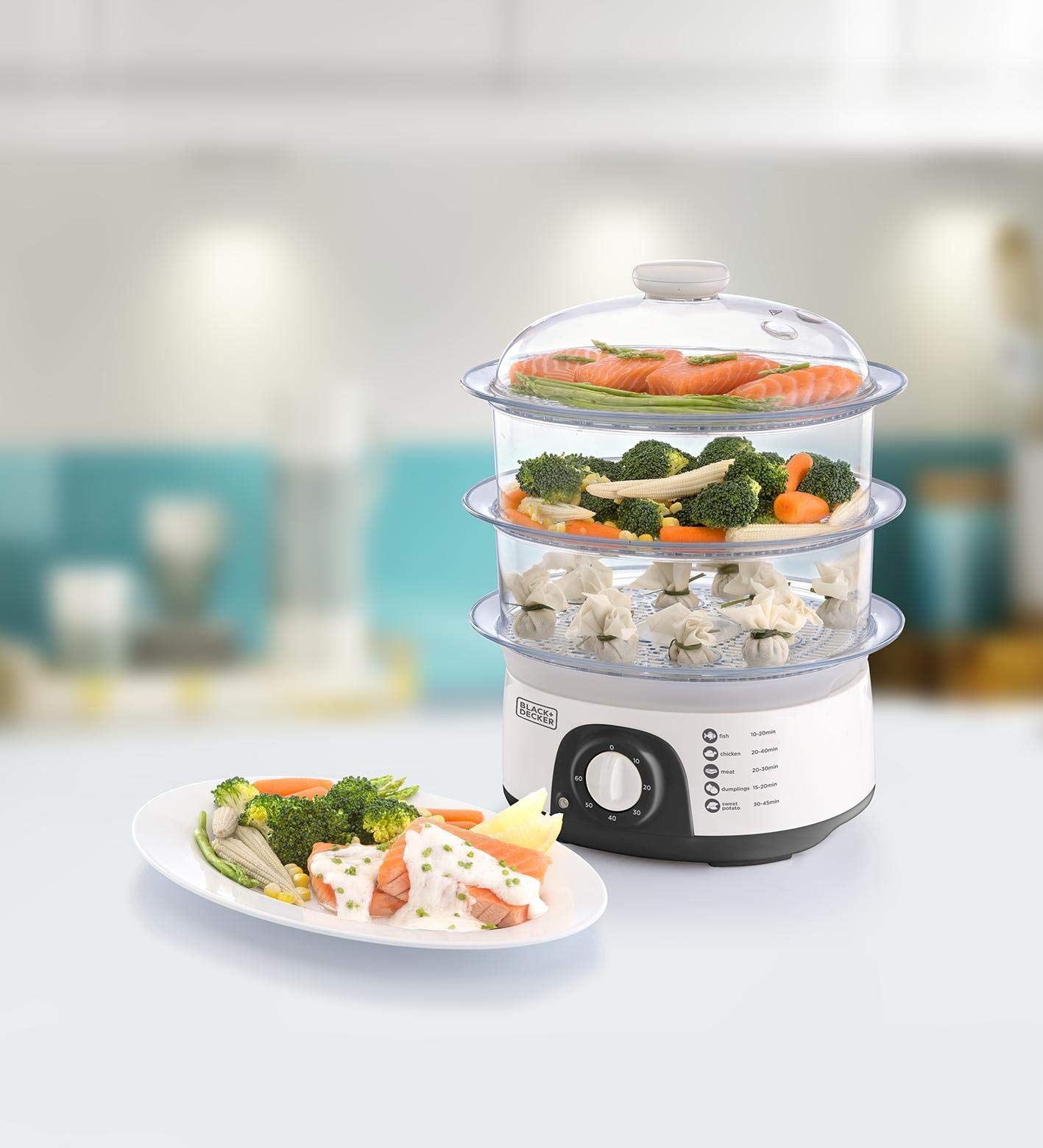 Black & Decker 3 Tier Food Steamer, Hs6000-B5, White,10 Liters, Plastic Material - Used/Have Minor Scratches
