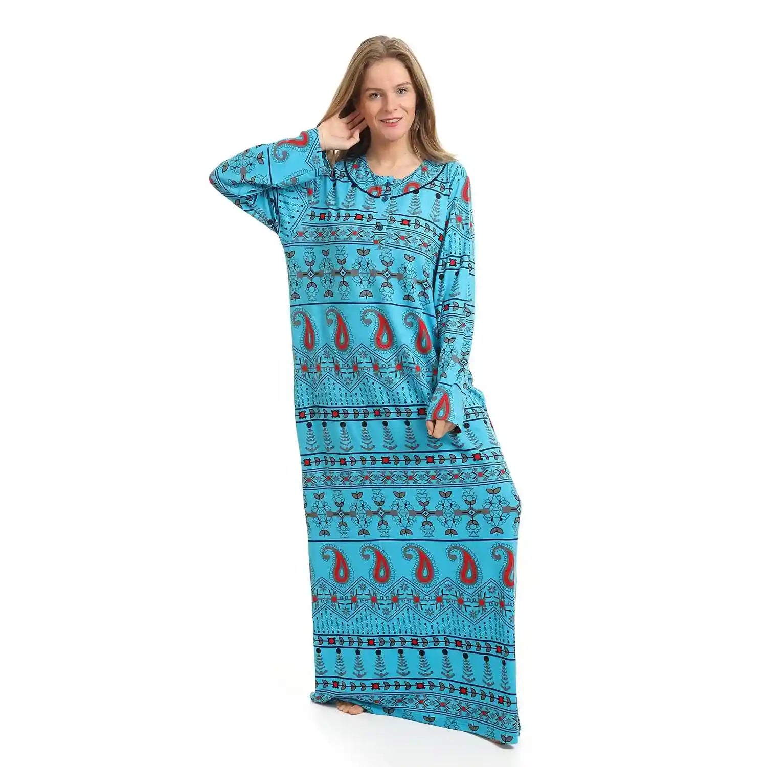 kady-Women-Buttoned Long Sleeves Multi-Patterns Long Nightgown -turquoise-m