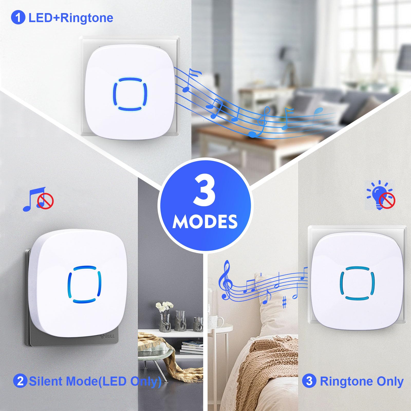 مجموعة جرس باب لاسلكي من سكاي-تاتش تشمل زر اتصال واحد وجهازين استقبال، مصممة لتوفير تنبيه منزلي سهل وموثوق. تصميم مقاوم للماء يضمن المتانة في جميع الظروف الجوية