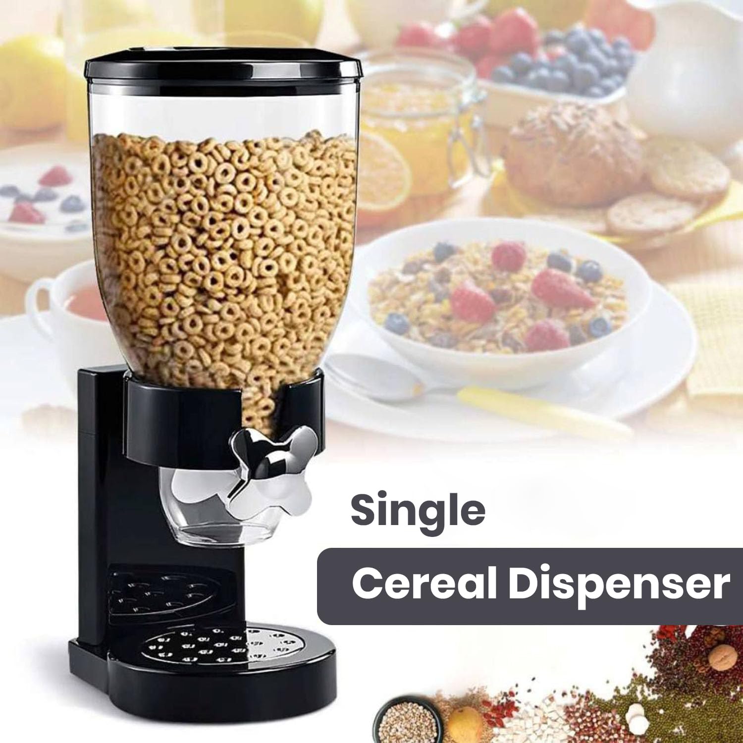 موزّع الحبوب المنفرد من هوم برو هو إضافة أنيقة وعملية لمطبخك، مصمم لتخزين وتقديم الحبوب الغذائية بسهولة ونظافة. يتميز بحاوية شفافة تسهّل رؤية المحتوى ومقبض دوّار للتحكم في الكمية