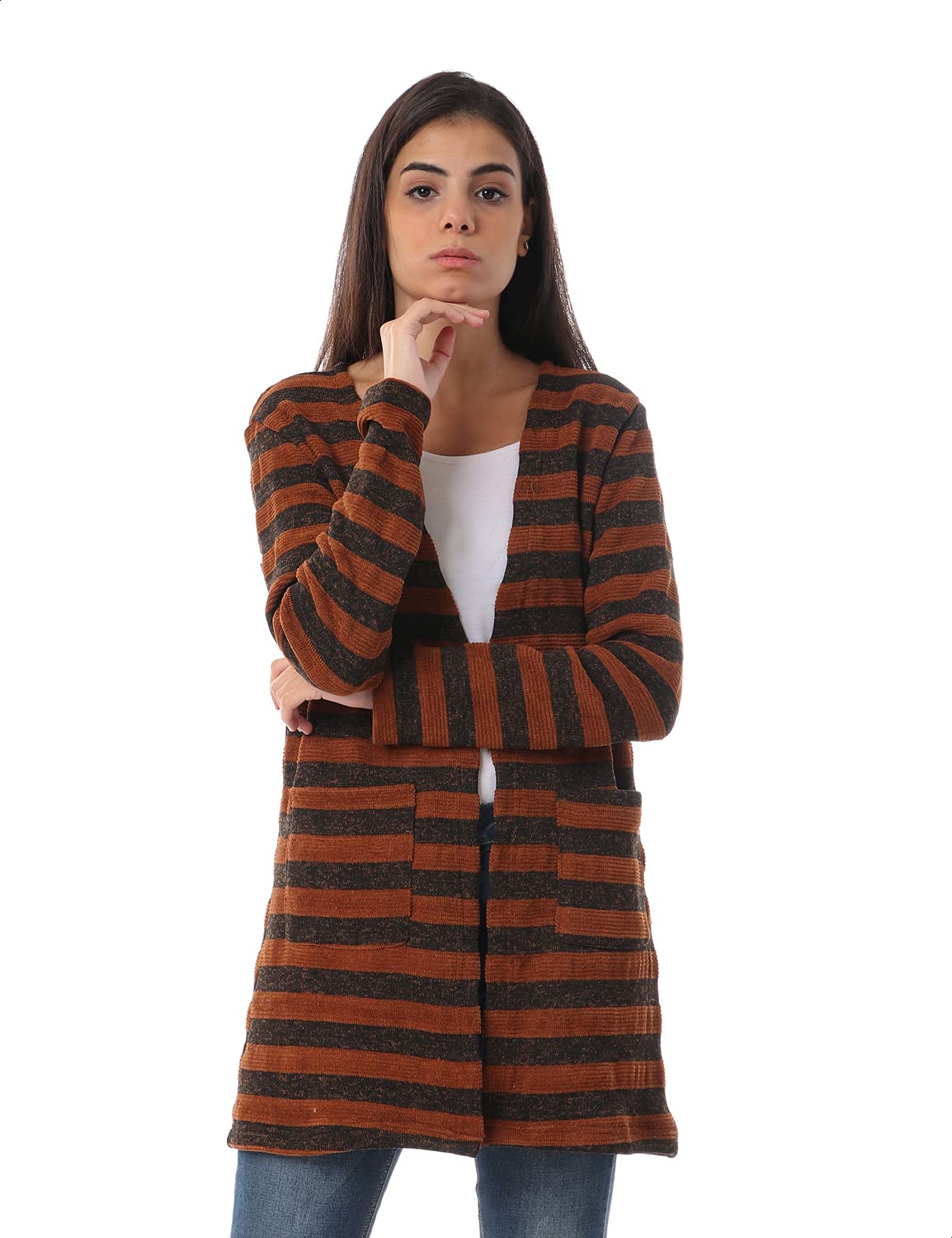 Jamila Women's Striped Open Cotton Cardigan with Front Pockets