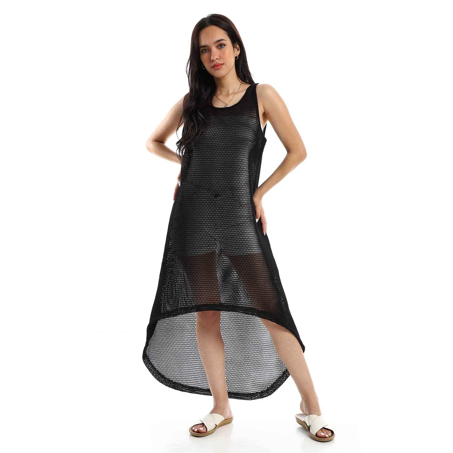EEZEEY Womens High Low Sleeveless Net Coverup High Low Sleeveless Net Coverup