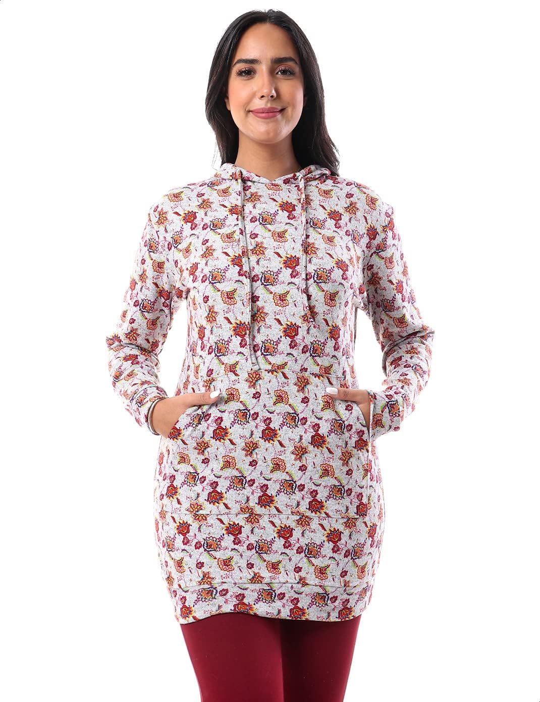 Jamila Women's Cotton Floral Pattern Longline Hoodie with Kangaroo Pocket