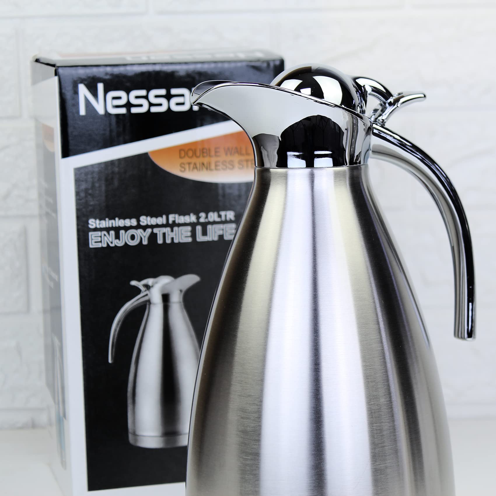Nessan Thermal Coffee Carafe Jugs, Double Walled Vacuum Insulated Flask 12 Hours Heat Retention Jug for Coffee, Tea, & Milk - Stainless Steel Silver 2.0L SS-FS-20
