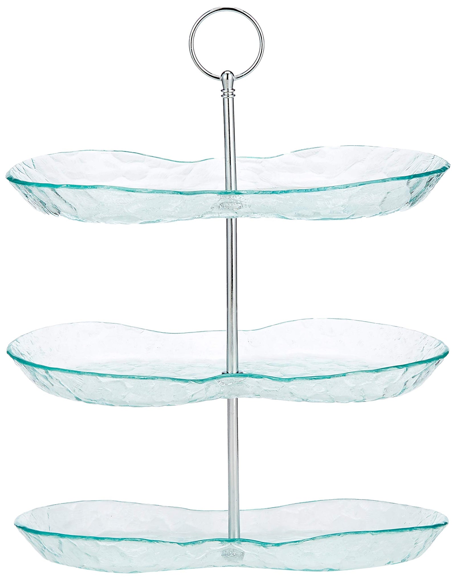 صينية تقديم مكونة من ثلاث طبقات من Harmony مصممة لتقديم الحلويات، الفواكه، الوجبات الخفيفة، أو المقبلات بطريقة أنيقة. مصنوعة من الزجاج الشفاف مع مقبض فضي متين