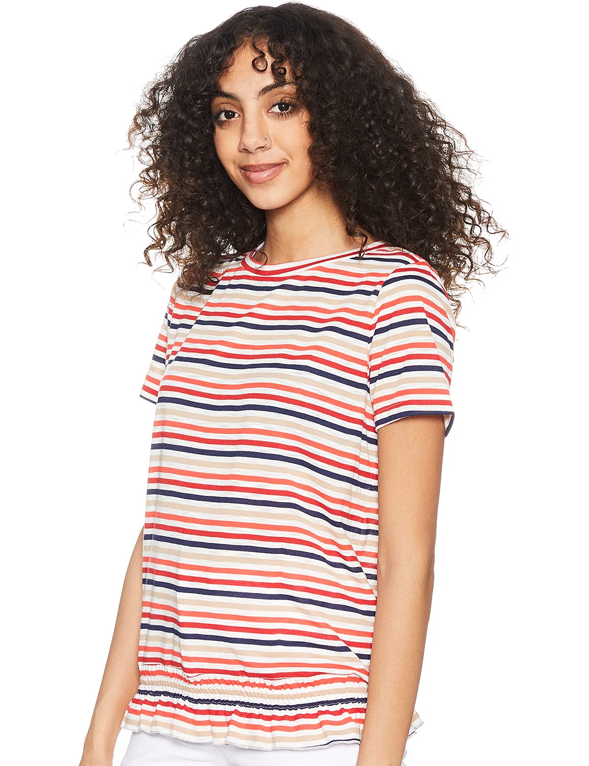 Matalan Striped Ruffled Hem Short Sleeves Round Neck T-shirt for Women,Short sleeves ideal for warm weather.