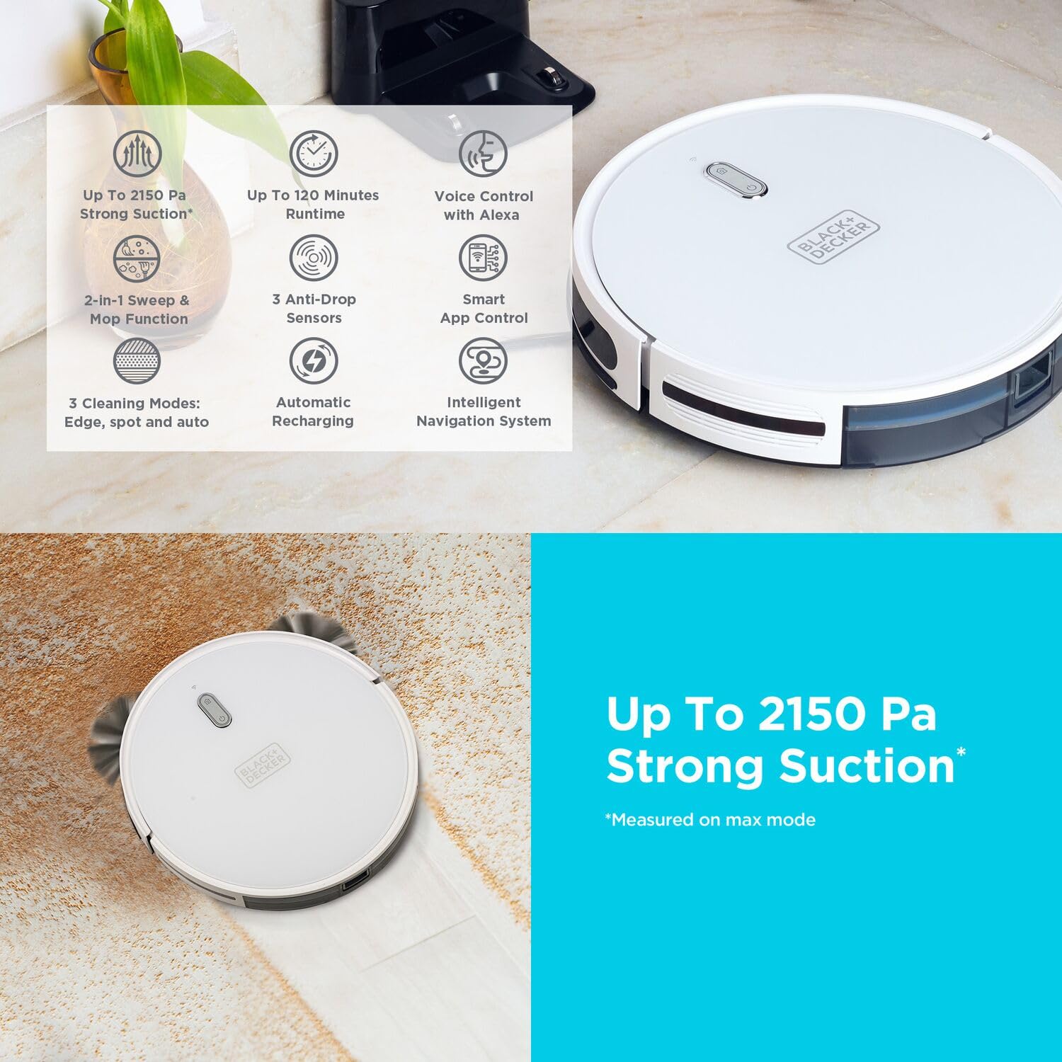 مكنسة روبوتية وماسح أرضيات من بلاك آند ديكر – متوافقة مع أليكسا وجوجل أسيستنت