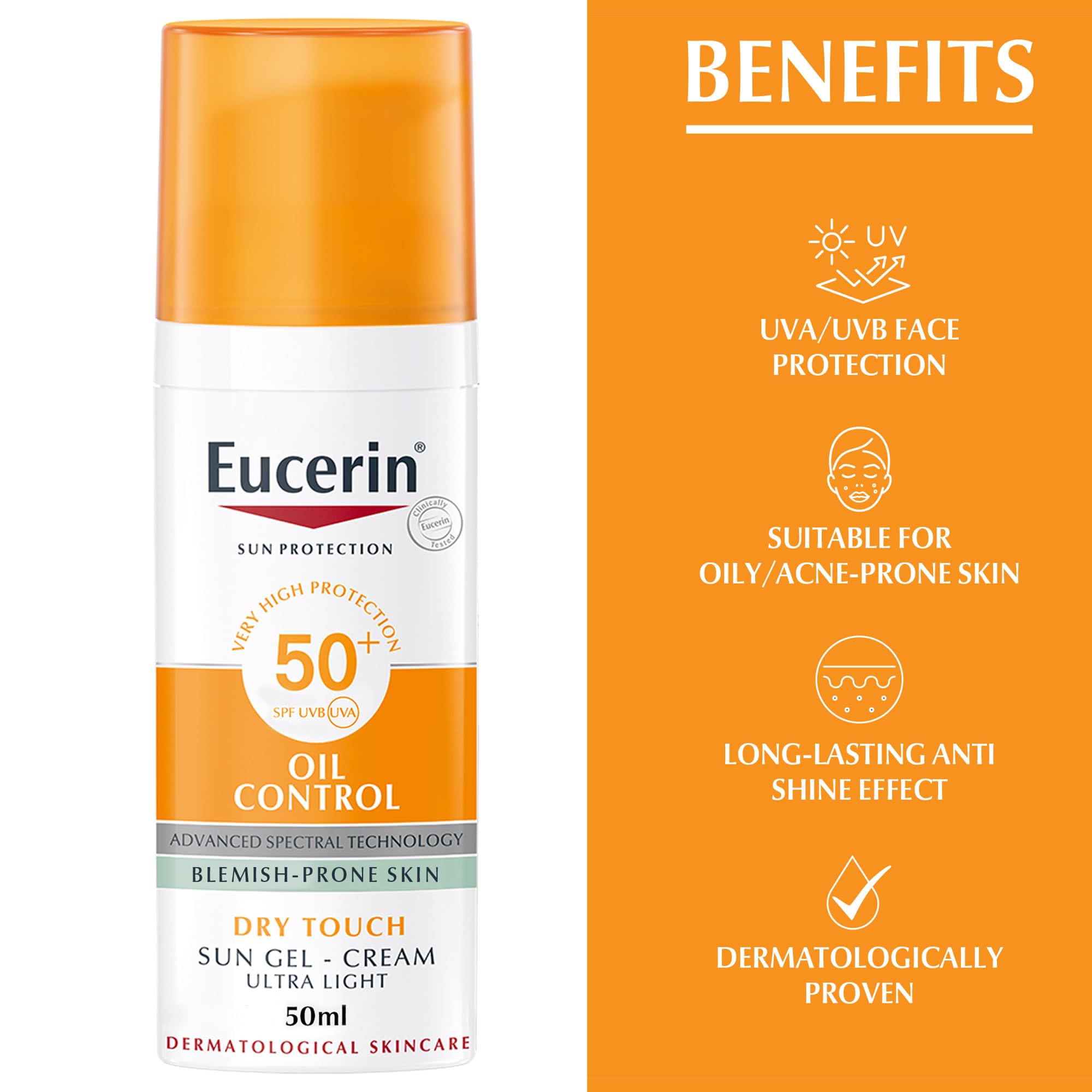 Eucerin Face Sunscreen Oil Control Gel-Cream Dry Touch, High UVA/UVB Protection, SPF 50+, Light Texture Sun Protection, Suitable Under Make-Up, For Oily Acne-Prone Skin, 50ml