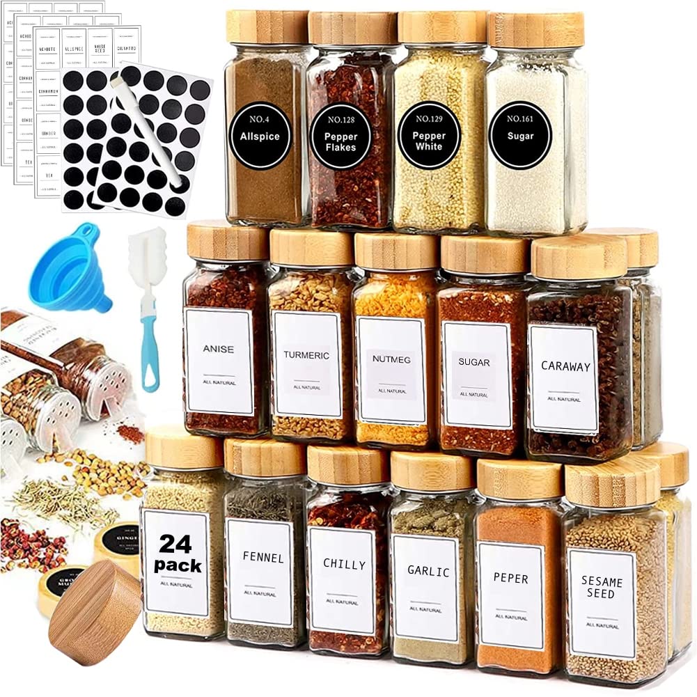 HJB VISSO 24-Piece Glass Spice Jars Set, 120ml Square Spice Containers with Labels, Shaker Lids, Bamboo Caps, Funnel, Brush & Marker Included