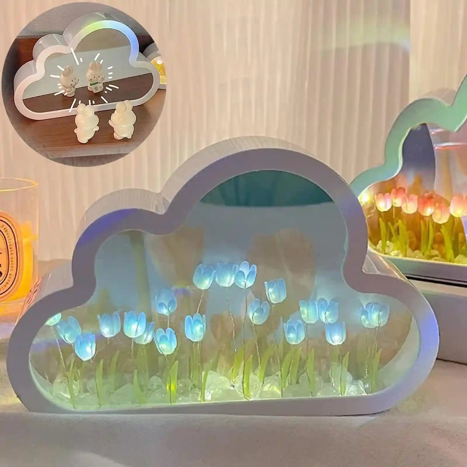 Bolivia's DIY Tulip Night Light, 20 Flowers Cloud Lamp, 2-in-1 Mirror With Lights, Simulation Flower Bedroom Sleeping Table Lamp - Safqqa Egypt
