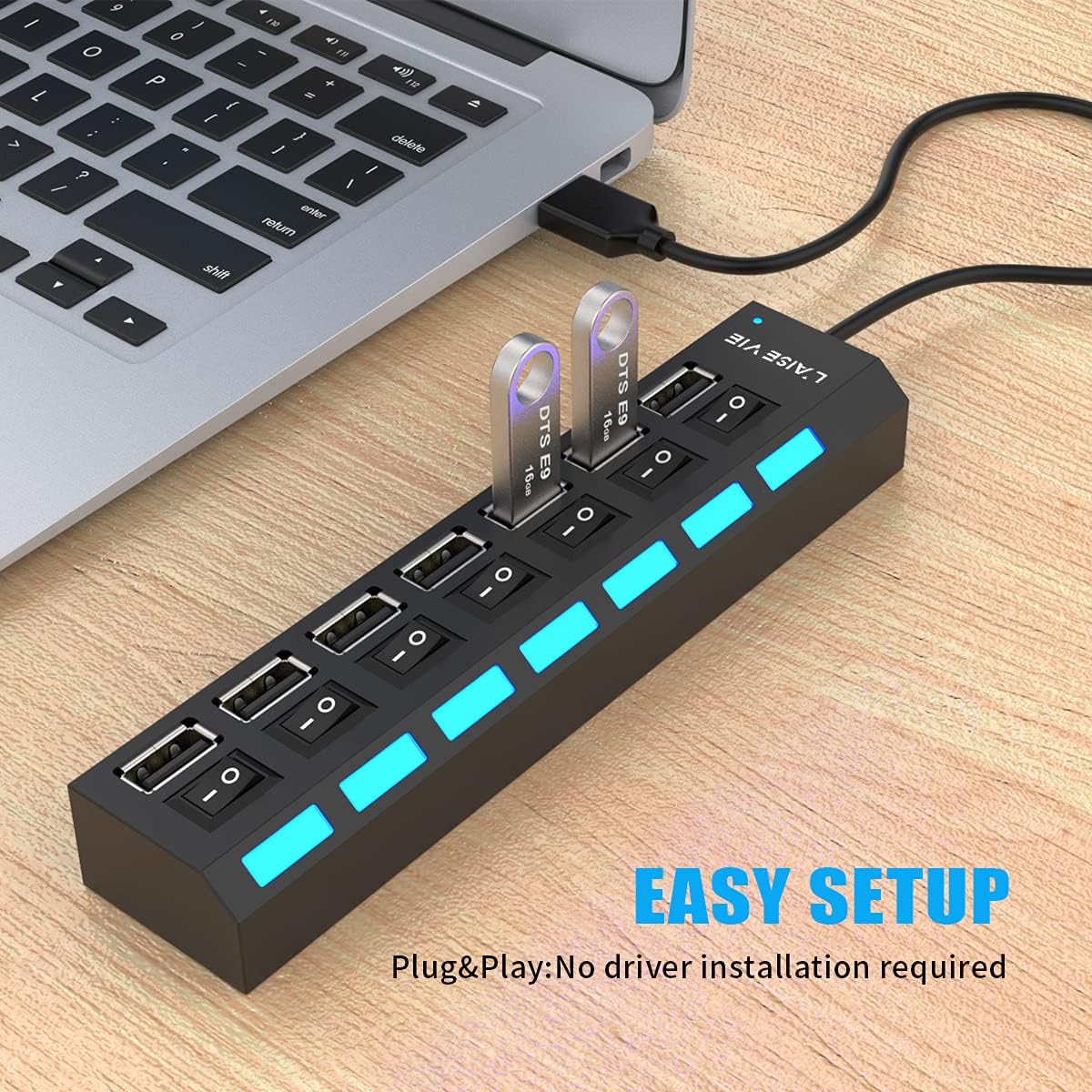 Multi Port USB Splitter, 7 Port USB 2.0 Hub, USB A Port Data Hub with Independent On/Off Switch and LED Indicators, Lights for Laptop, PC, Computer, Mobile HDD, Flash Drive and More (Black 2.0) - Safqqa Egypt