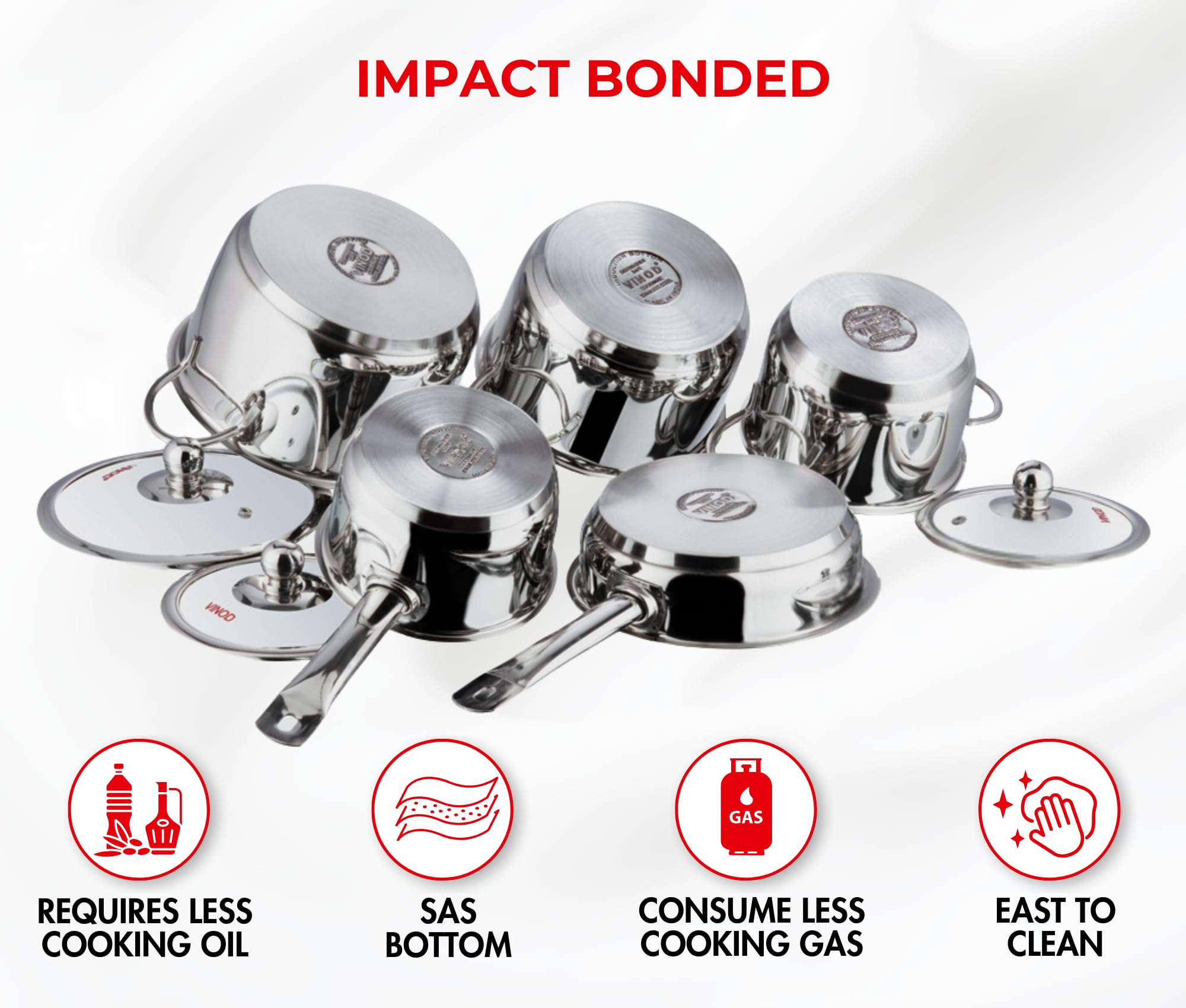 Vinod Tuscany Stainless Steel Cookware Set, 8 Pcs|Saucepan (14 cm/1.3 Litre), 3 Cassseroles (14cm,16cm & 18cm/1.3,2 & 2.8 L) Frypan (18cm) & 3 glass lids, SAS Bottom, Induction and Gas Stove Friendly