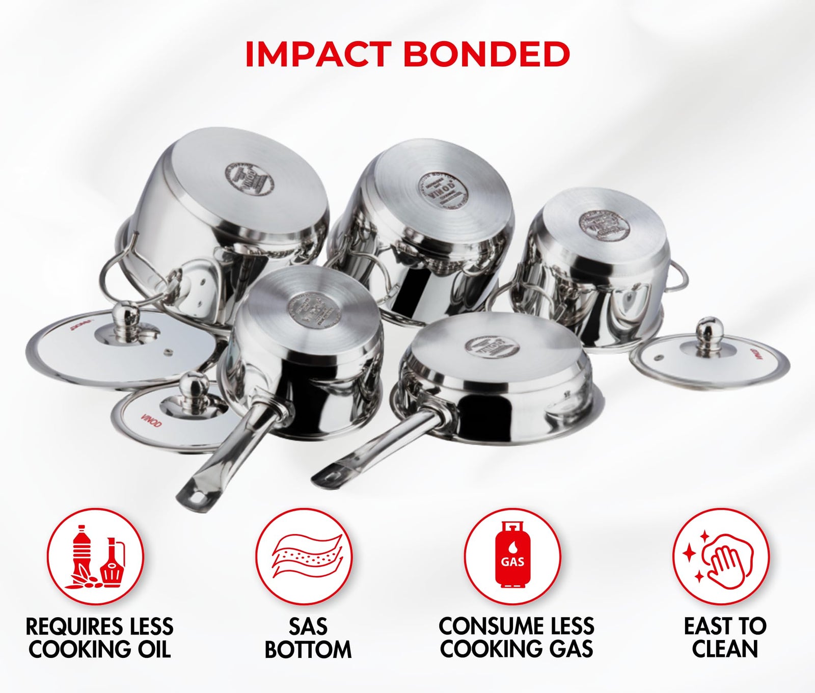 Vinod Tuscany Stainless Steel Cookware Set, 8 Pcs|Saucepan (14 cm/1.3 Litre), 3 Cassseroles (14cm,16cm & 18cm/1.3,2 & 2.8 L) Frypan (18cm) & 3 glass lids, SAS Bottom, Induction and Gas Stove Friendly