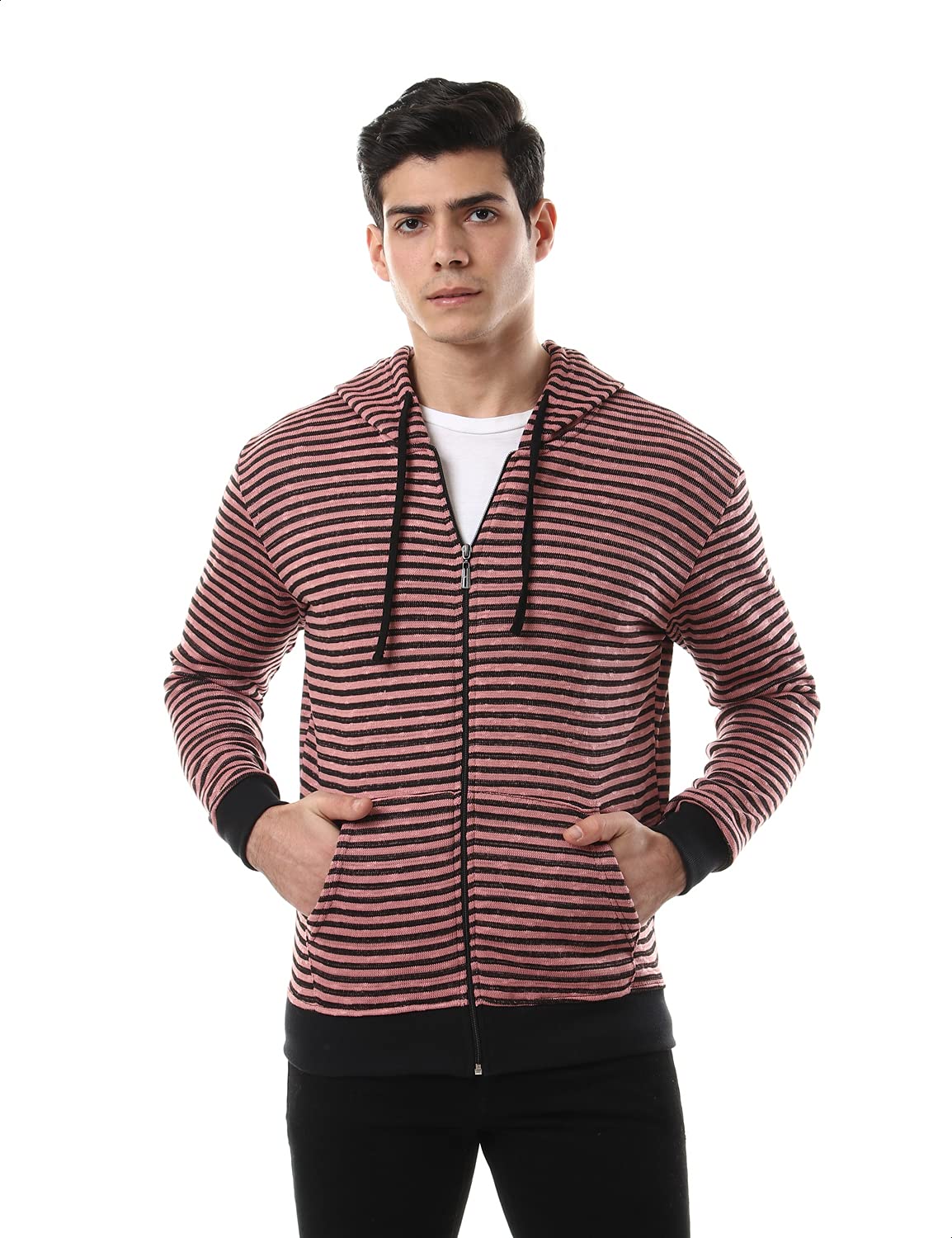 Off Cliff Striped Front Pockets Long Sleeves Jacket For Men,Modern, relaxed fit suitable for layering over shirts or hoodies..