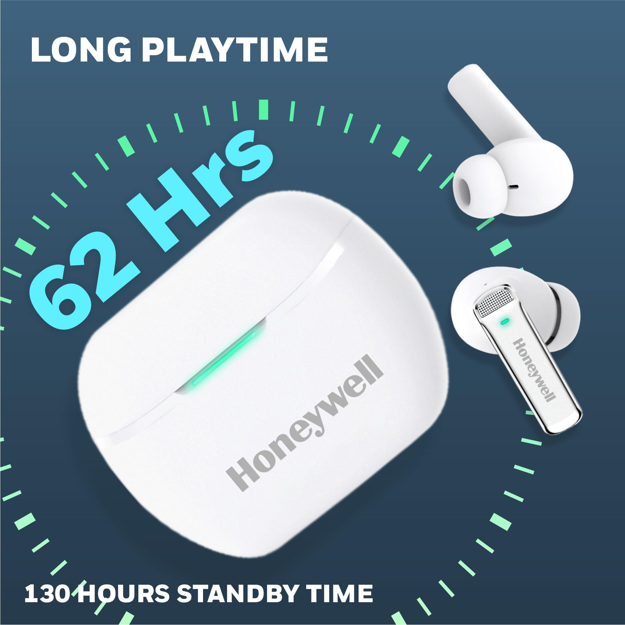 Honeywell  U5100, in-Ear Wireless Active Noice Cancellation, True Wireless Stereo Earbuds, Low Latency Mode(50MS), 6 Mics, Bluetooth V5.2, Sweat & Splash Resistant, 62 Hour Playtime, White